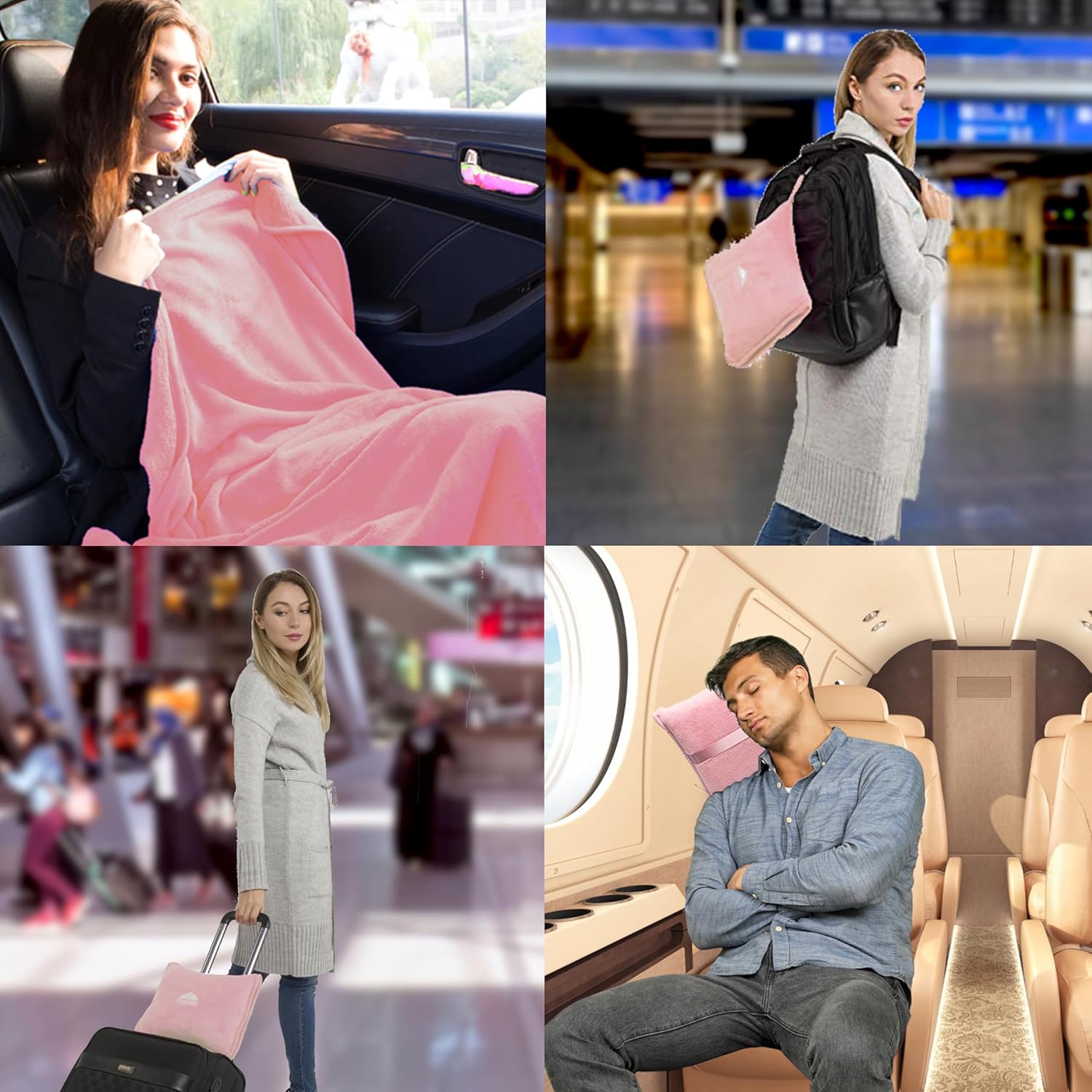 BlueHills Premium Soft Travel Blanket Pillow Airplane Blanket in Soft Bag case with Hand Luggage Belt and Carabiner Compact Pack Large Cozy Portable for Plane Car Train Transit Light Pink T020 - Image 4