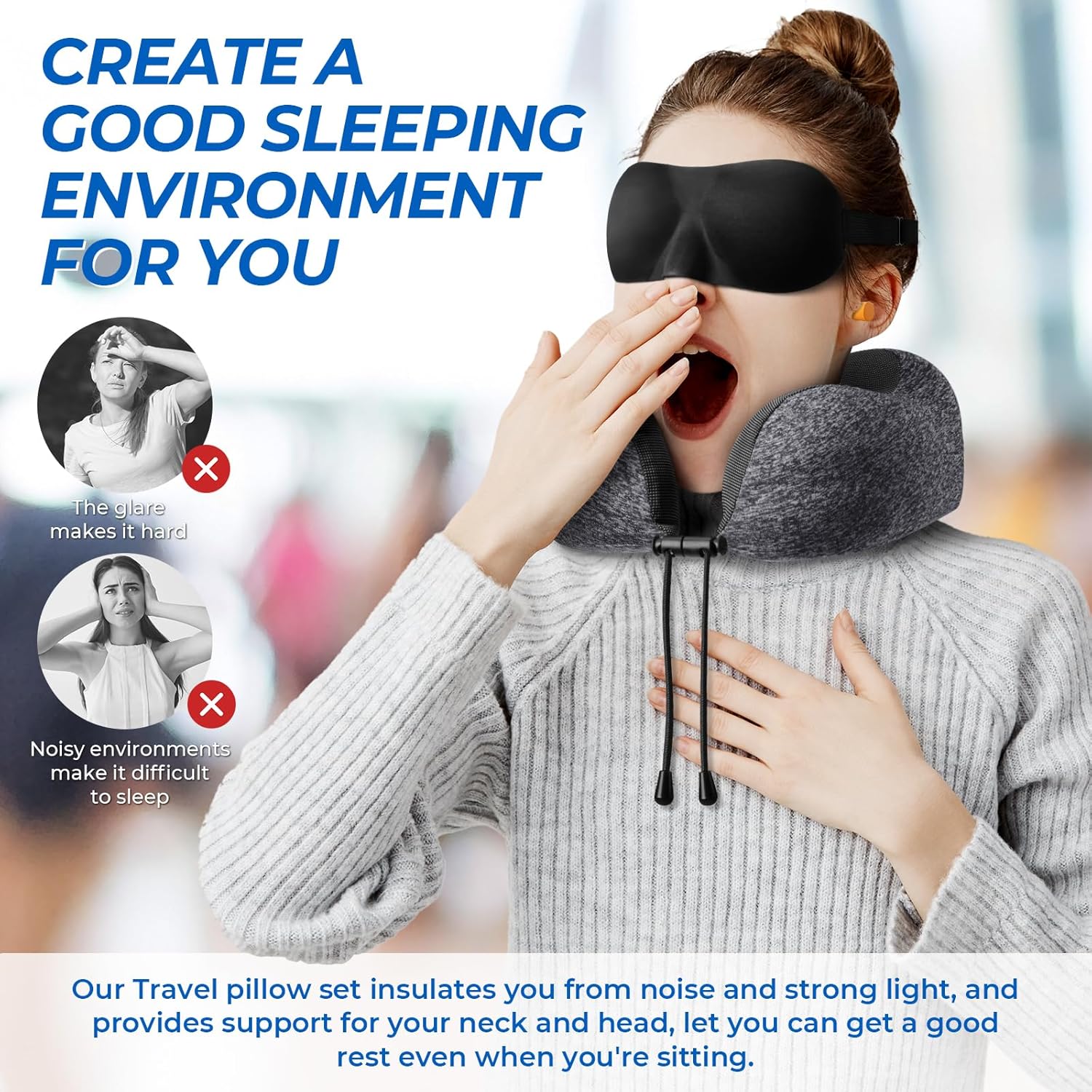 Travel Pillow, Travel Pillows for Sleeping Airplane, Removable Cover Neck Pillow with Adjustable Clasp, Memory Foam Neck Pillow Set with Eye Mask, Earplugs and Storage Bag (Dark Grey) - Image 6