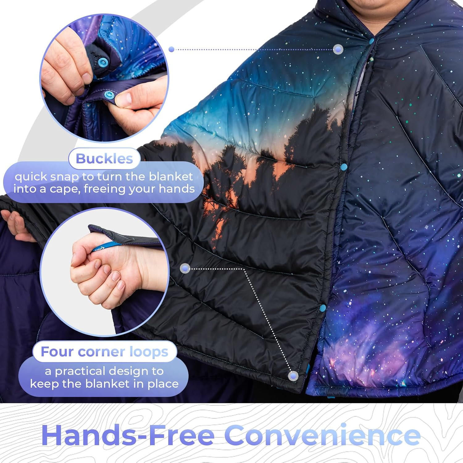 KingCamp Ultralight Camping Blanket, Packable Down Alternative Puffy Printed Wearable Blanket with Snap Buttons & Corner Loops Weatherproof Quilt for Outdoor Travel Stadium (79"L x 57"W, STARRYSKY) - Image 6