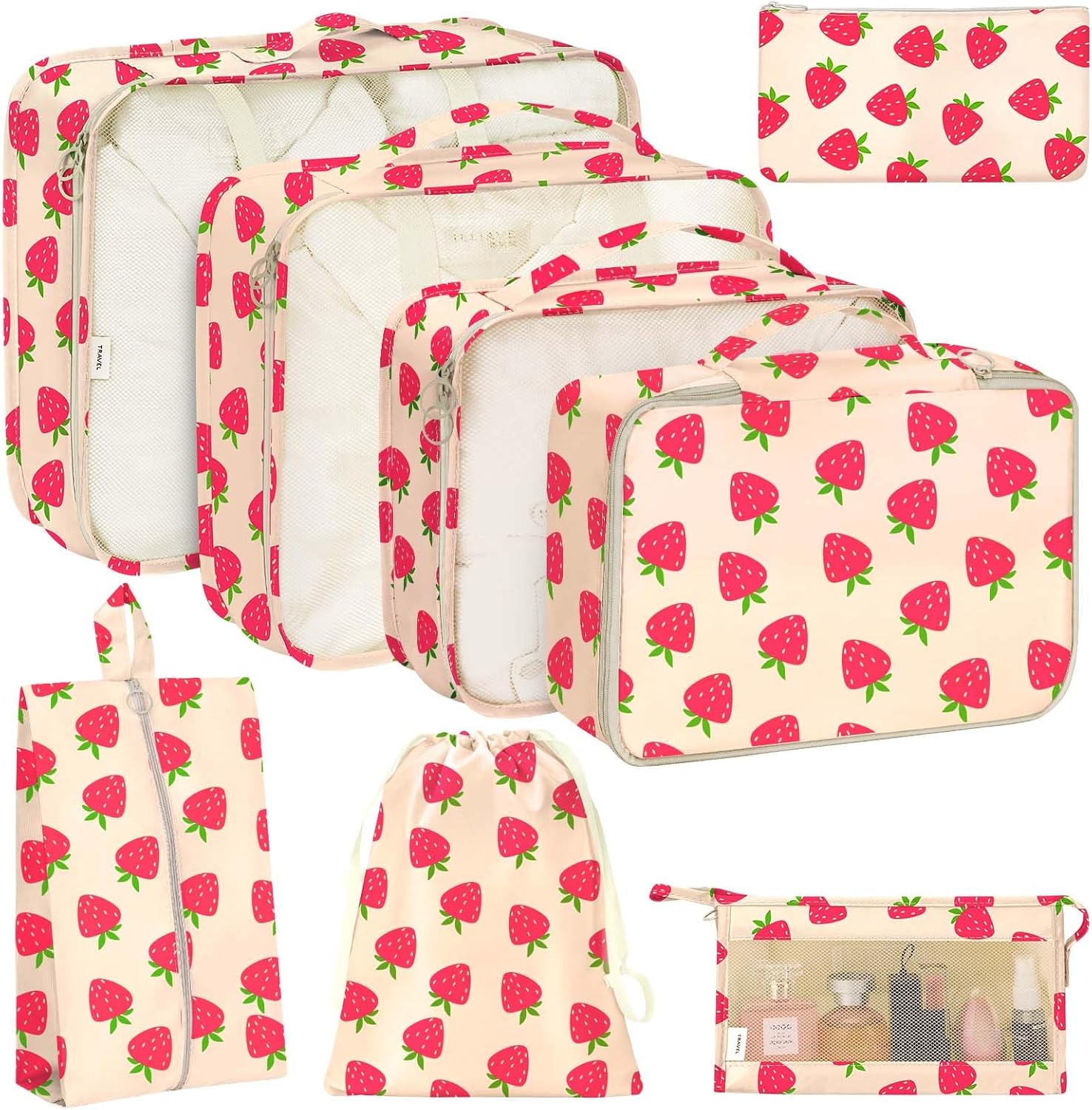 KPX 8 Set Packing Cubes for Travel, Luggage Packing Organizers Accessories Large Toiletries Bag for Clothes Shoes Cosmetics (Strawberry) - Image 2