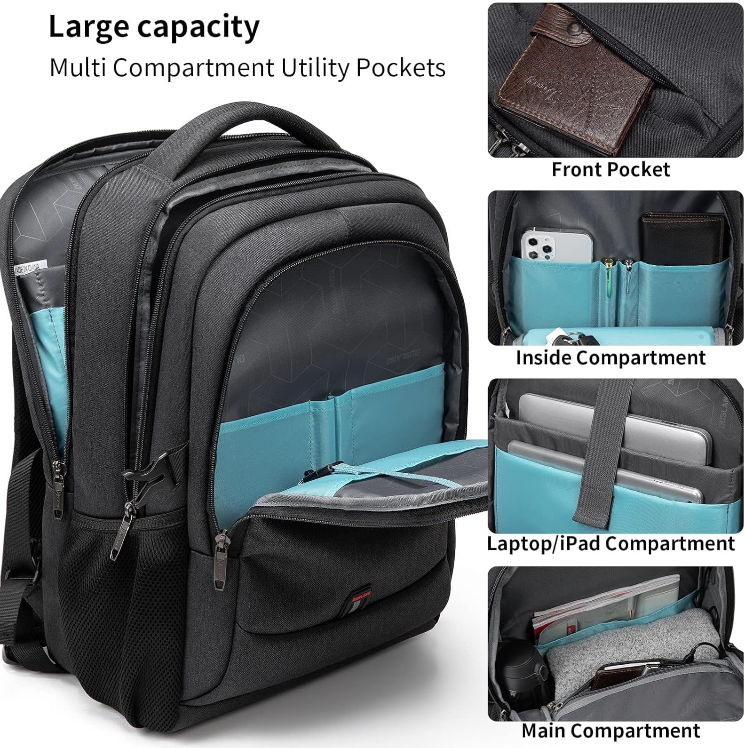 DUSLANG 17 Inch Laptop Backpack for Travel Water Resistant College Backpack for Men/Women Laptop Bag with USB Charging Port,Black - Image 3