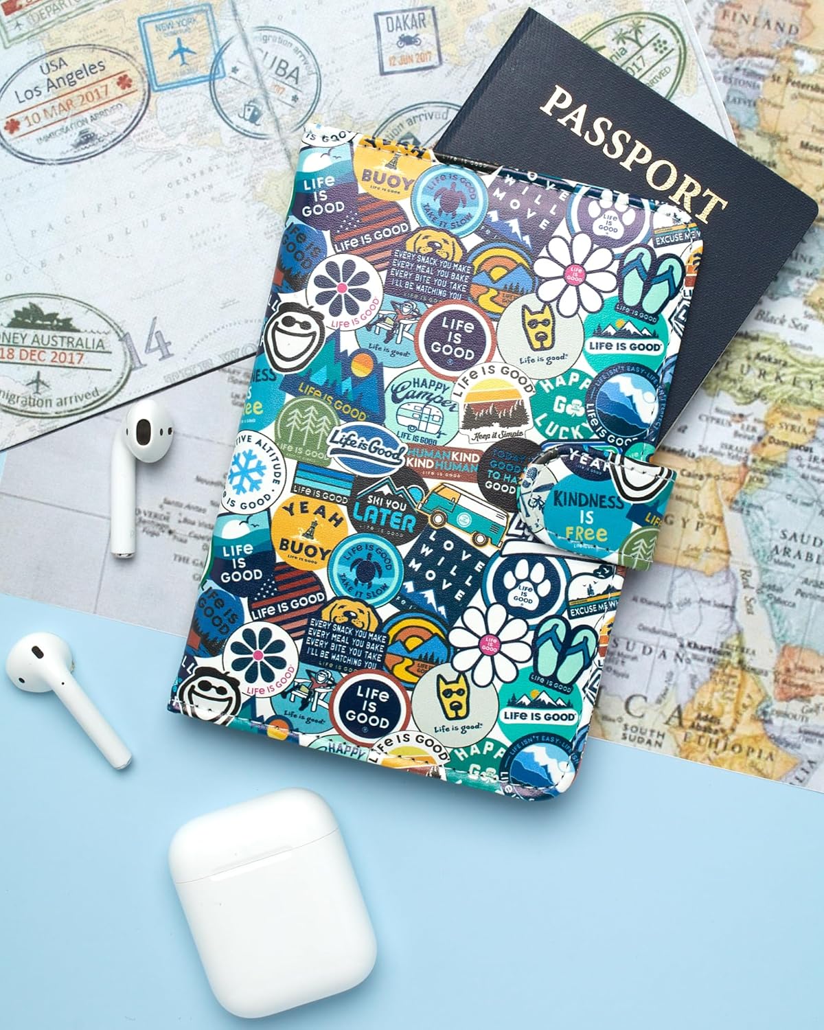 Life is Good Travel Passport Cover - Anti-Theft Passport Holder Wallet with Interior Card Slots, Magnetic Snap Closure, Newsprint - Image 4
