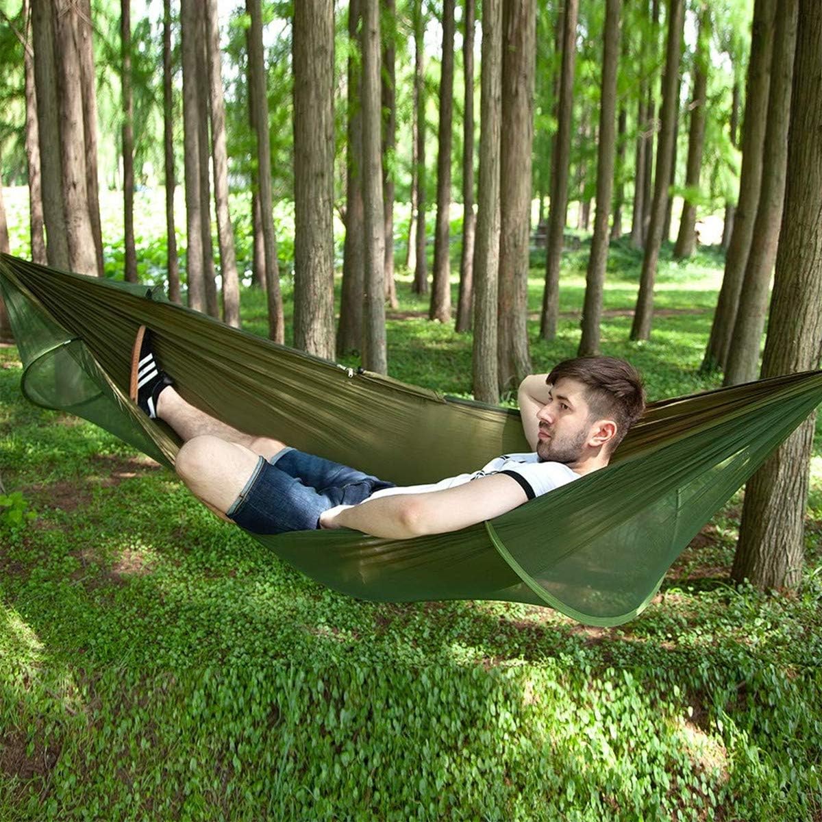 Hammocks for Outside with Mosquito Net,Camping Hammock Lightweight Portable Parachute 2 Person Outdoor Hammock for Indoor Backpacking Survival Travel Patio Army Green - Image 5