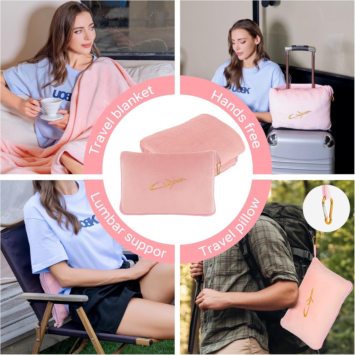 Travel Blanket & Pillow Set, 300 GSM Soft Fleece, 60x43 Inches, 3-in-1 Airplane Blanket, Travel Pillow and Blanket Set, Travel Blanket Airplane Compact with Bag, Travel Essentials, Pink - Image 3