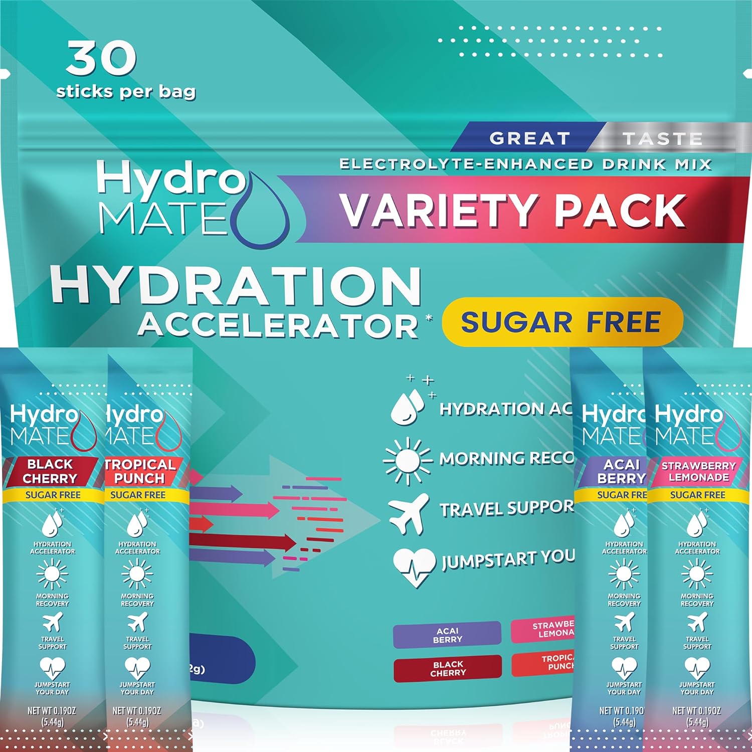 Electrolyte Powder Sugar-Free Hydration Packets Variety Pack HydroMATE 30 Sticks - Image 2