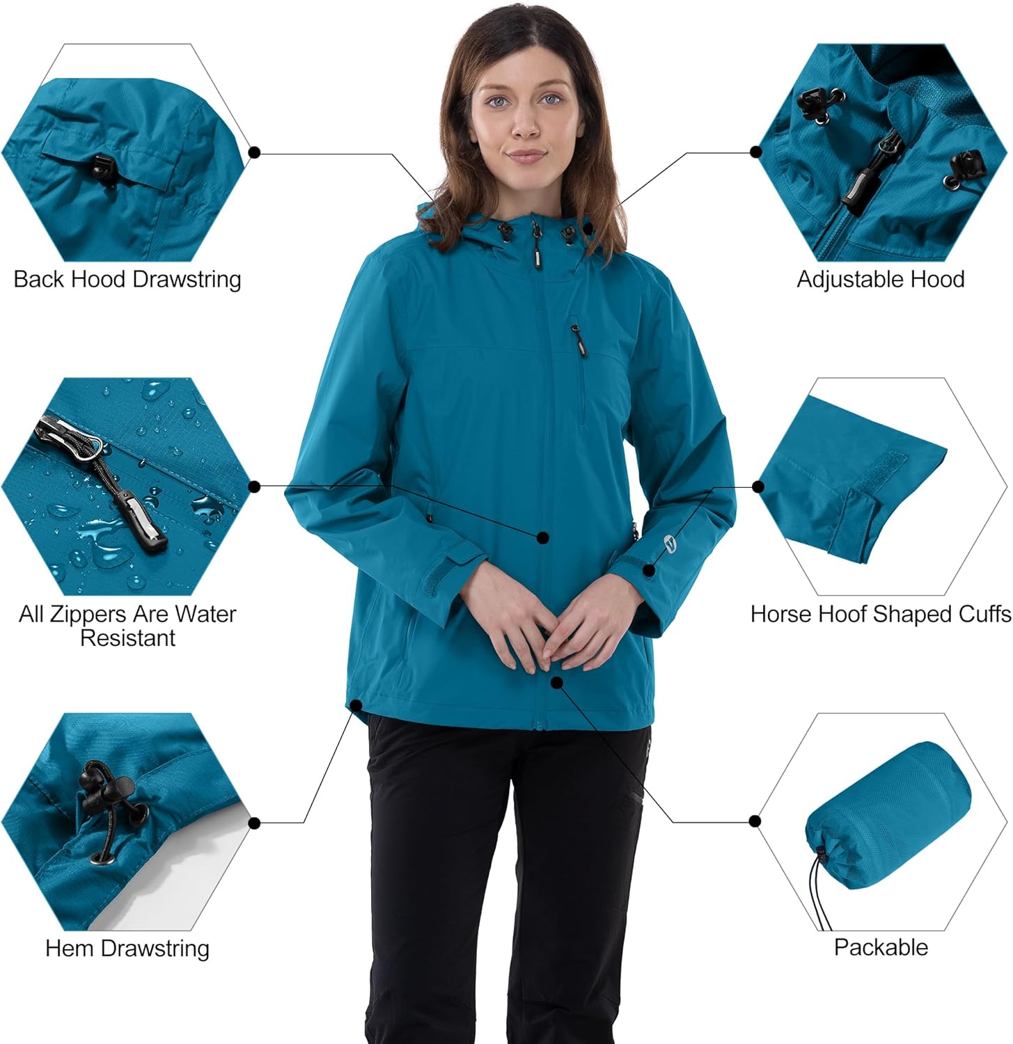 Outdoor Ventures Packable Rain Jacket Women Lightweight Waterproof Raincoat with Hood Cycling Bike Jacket - Image 6
