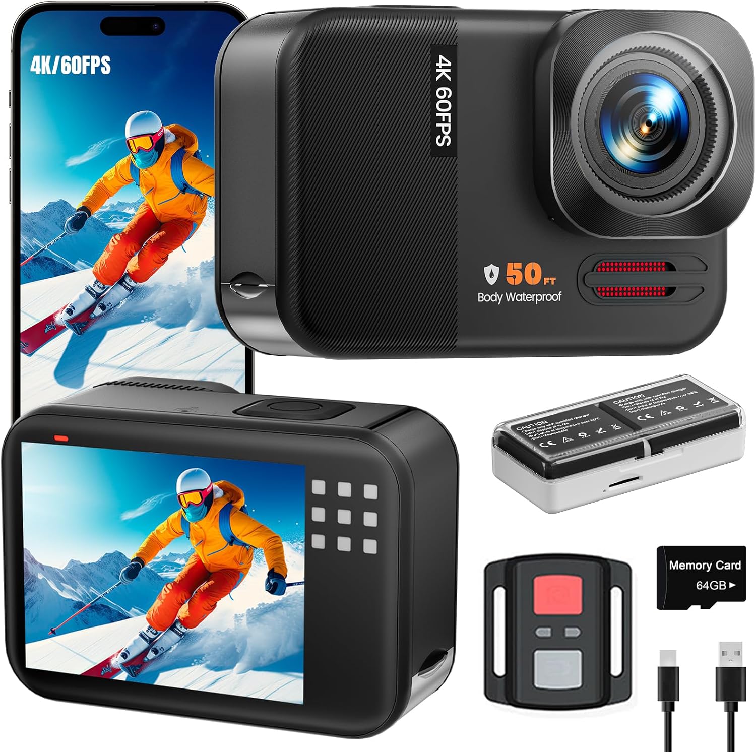 4K 60FPS 48MP WiFi Action Camera with Touch Screen, 50FT Underwater Waterproof Camera, No Case Needed, EIS Motorcycle Camera, 8X Zoom, 64GB Card, Remote Control, Batteries & Mounting Kits - Image 2