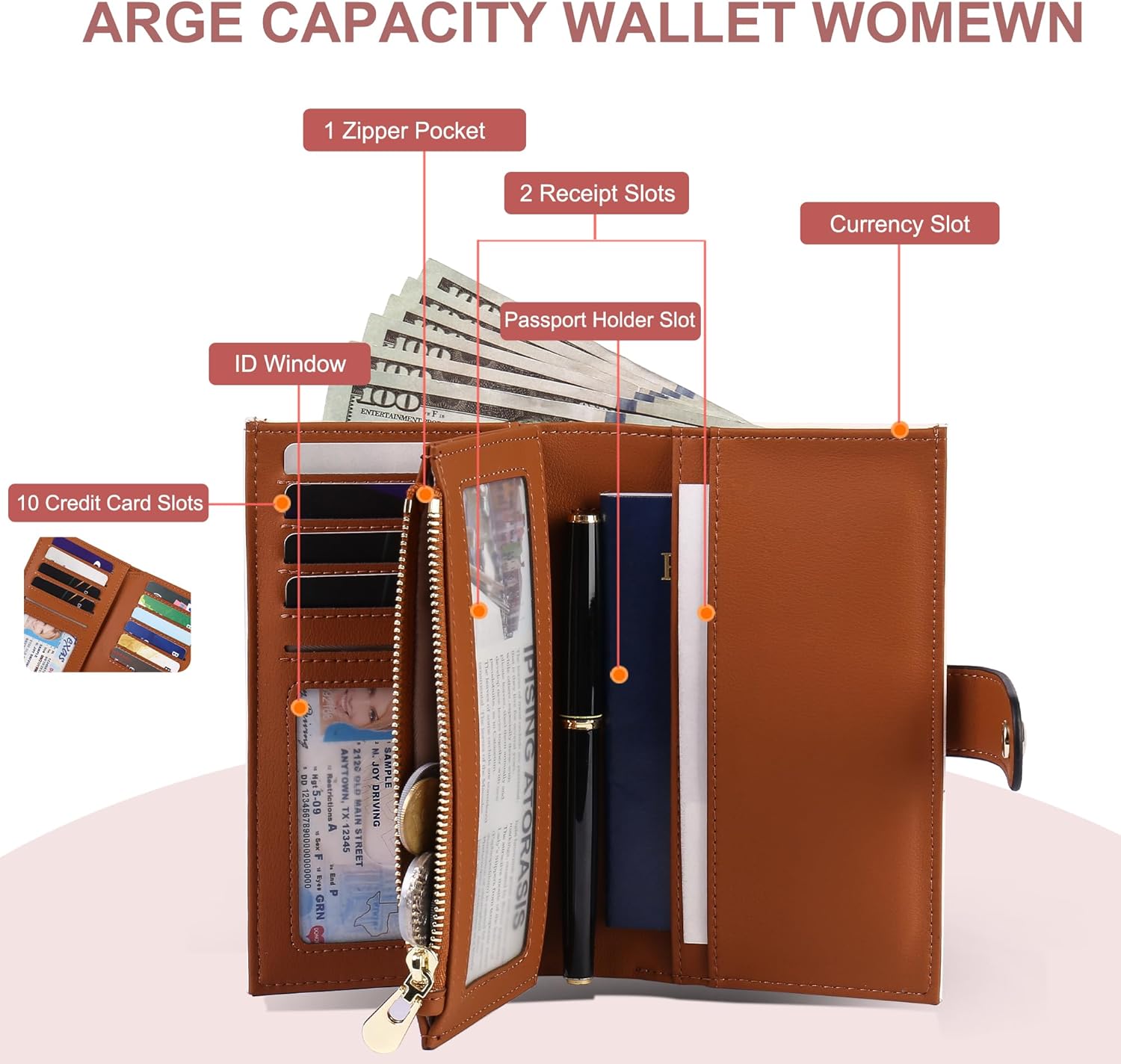 Women's Wallets RFID Blocking Leather Trifold Clutch Wallet Credit Card Holder Ladies Travel Wallet Purse with Pen Holder - Image 3