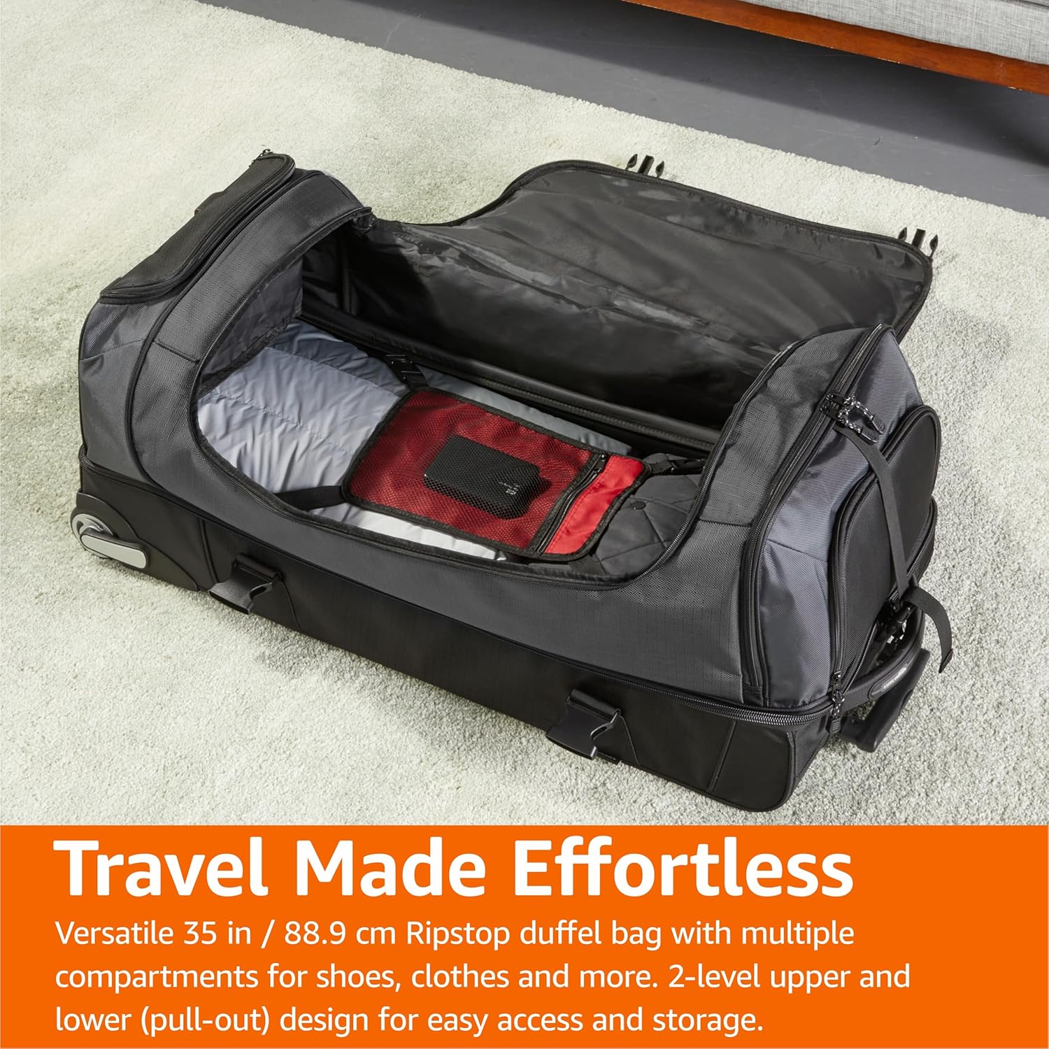 Amazon Basics 35-inch Large Rolling Duffle Bag with Wheels and Handle, Travel Duffle Bag with Durable Ripstop Polyester Material, 2 Layers of Space, Multiple Interior and Exterior Pockets, Black - Image 7