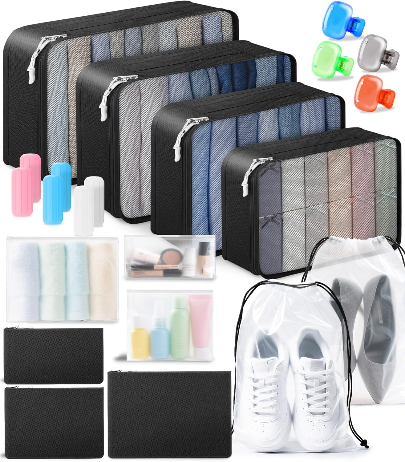 All-in-One 22 Pcs Packing Cubes for Travel Essentials –Includes Cubes,toothbrush covers,Silicone Bottle Cover,zipper bags, Matte Cosmetic Bag, Drawstring bag for Carry-On & Suitcase - Image 2