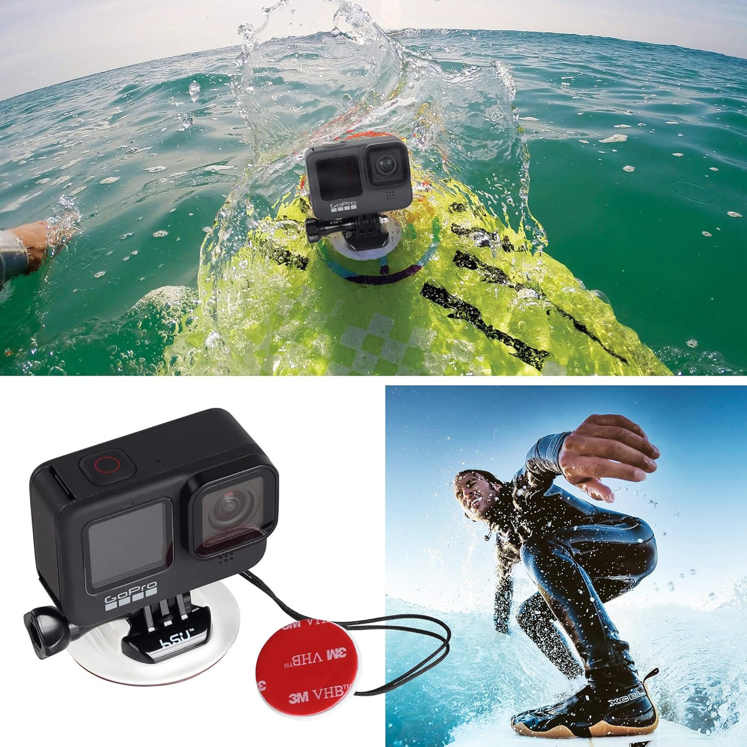 HSU Surf Mounts and Accessories for Ski, Snorkeling, Surfing, Wakeboarding Fitting GoPro Hero 13,12,11,10,9,8,7,6,5 Black, Silver, AKASO Campark, and Other Action Cameras (Surfing Kit) - Image 5