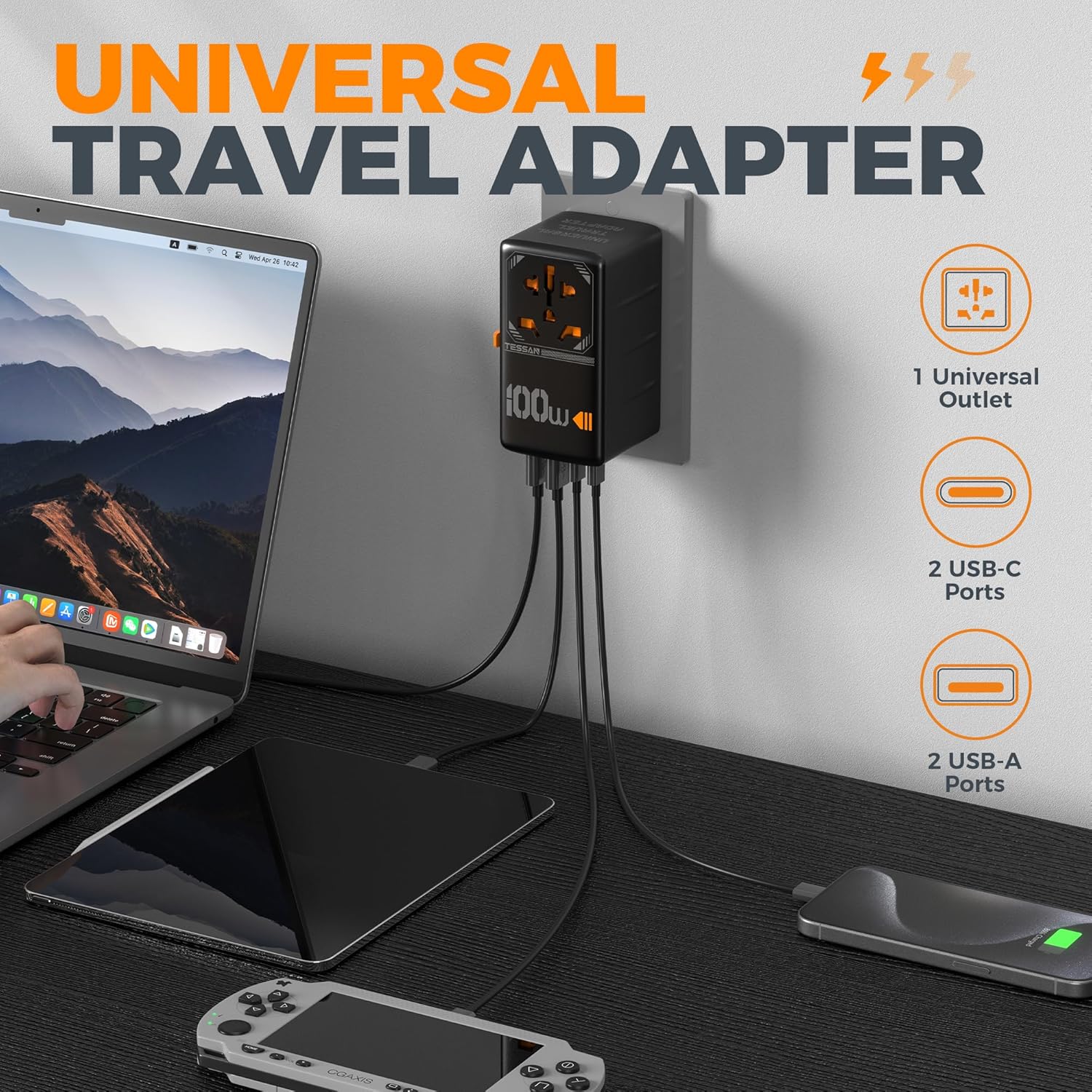 TESSAN Universal Travel Adapter, 100W GaN International Power Adaptor with 4 USB Ports (2 USB C), Worldwide Plug Adapter for US to EU Europe UK AUS France Italy Spain Ireland(Type C G A I), Black - Image 6