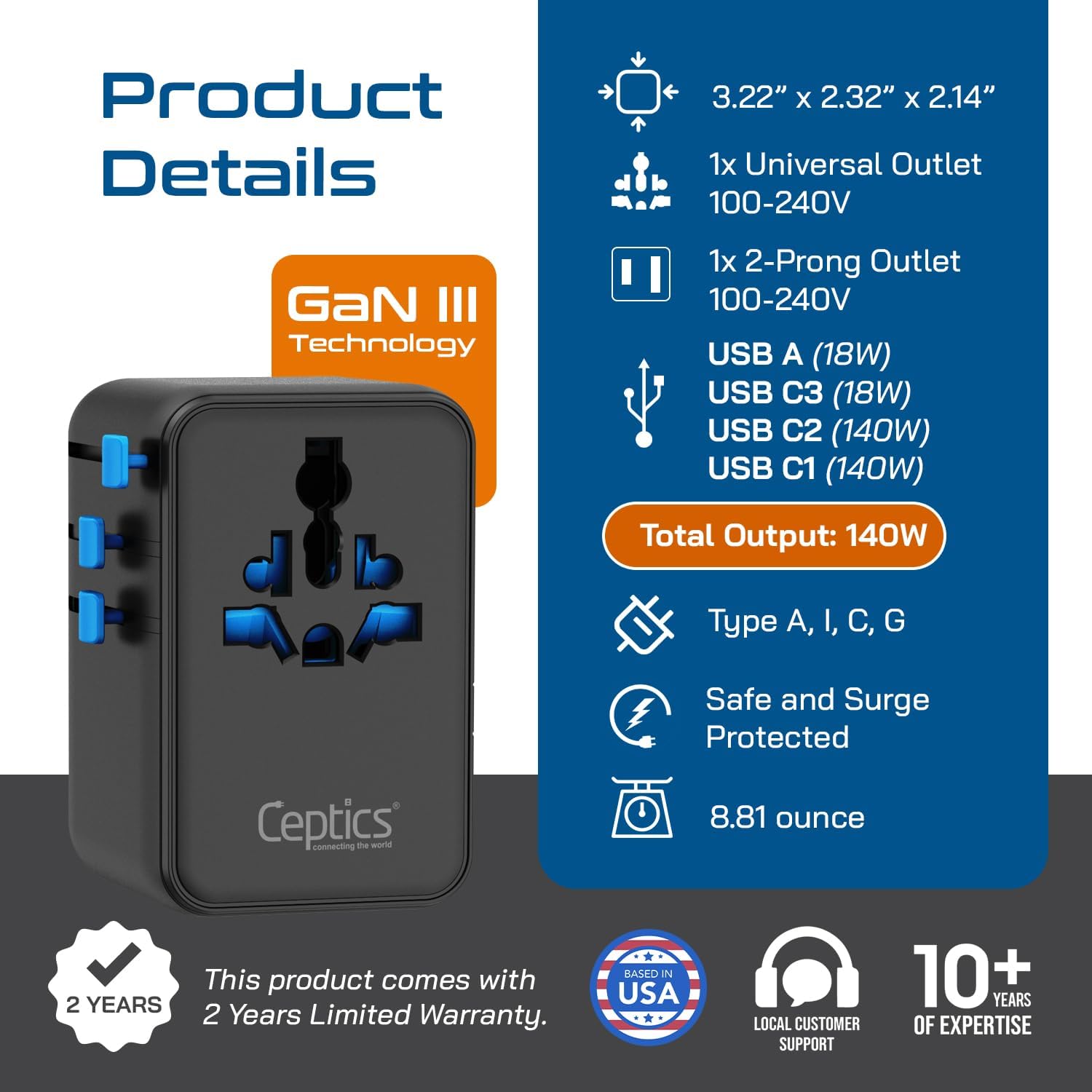 Ceptics 6 in 1 International Power Adapter with PD 140W USB-C, 1x USB-A, 3X Type C, Universal Input and 1x USA/JP Input with Type A, C, G, I Plug outlets for Global Travel – CE & RoHS Certified - Image 7