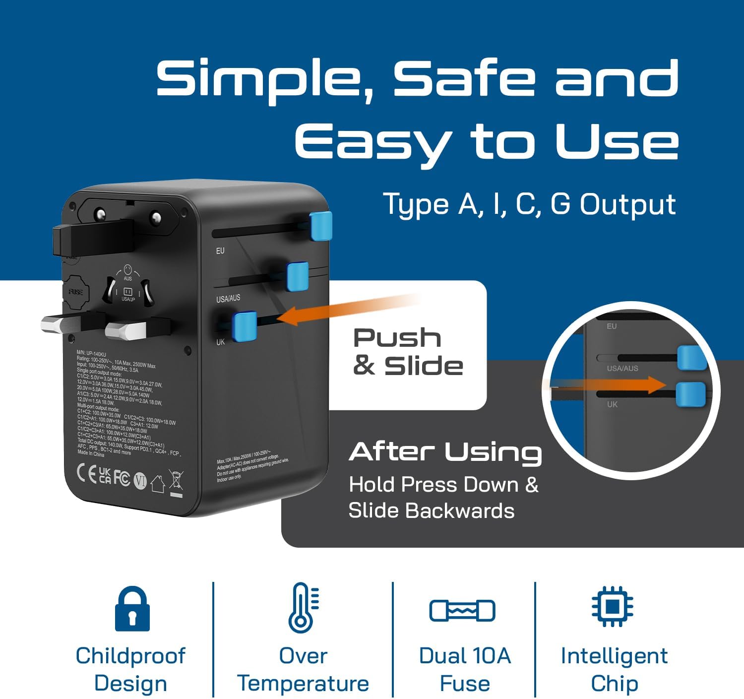 Ceptics 6 in 1 International Power Adapter with PD 140W USB-C, 1x USB-A, 3X Type C, Universal Input and 1x USA/JP Input with Type A, C, G, I Plug outlets for Global Travel – CE & RoHS Certified - Image 10