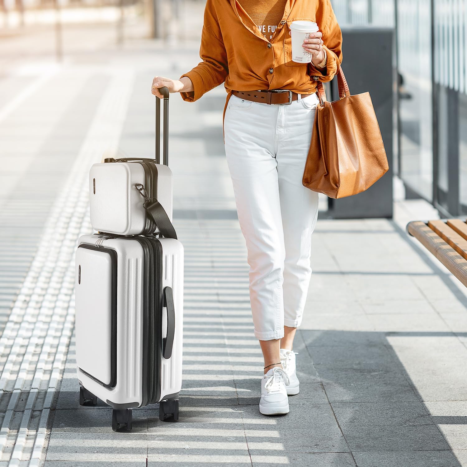 22 Inch Carry On Luggage 22x14x9 Airline Approved, Carry On Suitcase with Wheels, Hard-shell Carry-on Luggage, Durable Luggage Carry-On, White Small Suitcase with Cosmetic Case - Image 10