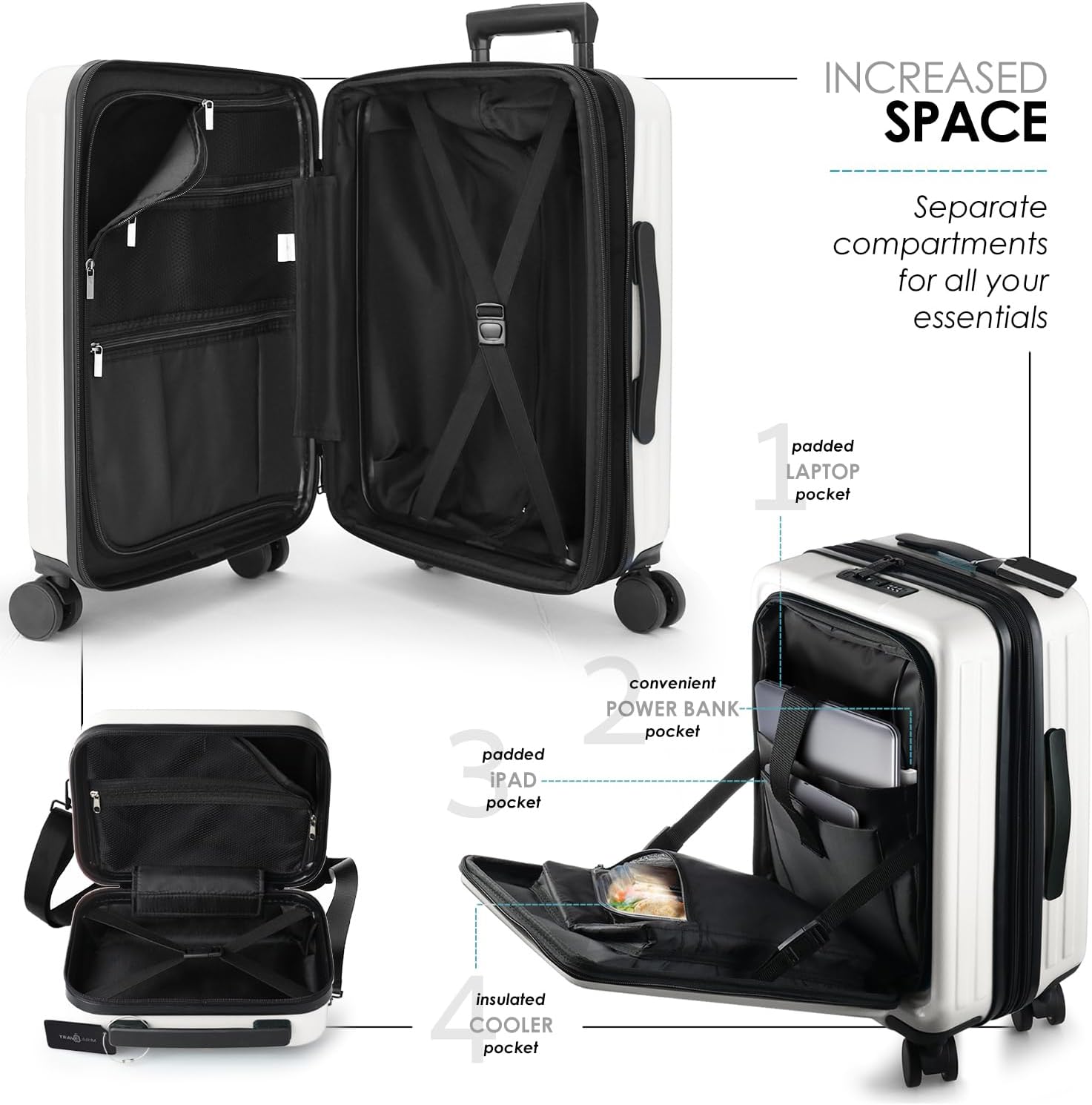 22 Inch Carry On Luggage 22x14x9 Airline Approved, Carry On Suitcase with Wheels, Hard-shell Carry-on Luggage, Durable Luggage Carry-On, White Small Suitcase with Cosmetic Case - Image 6