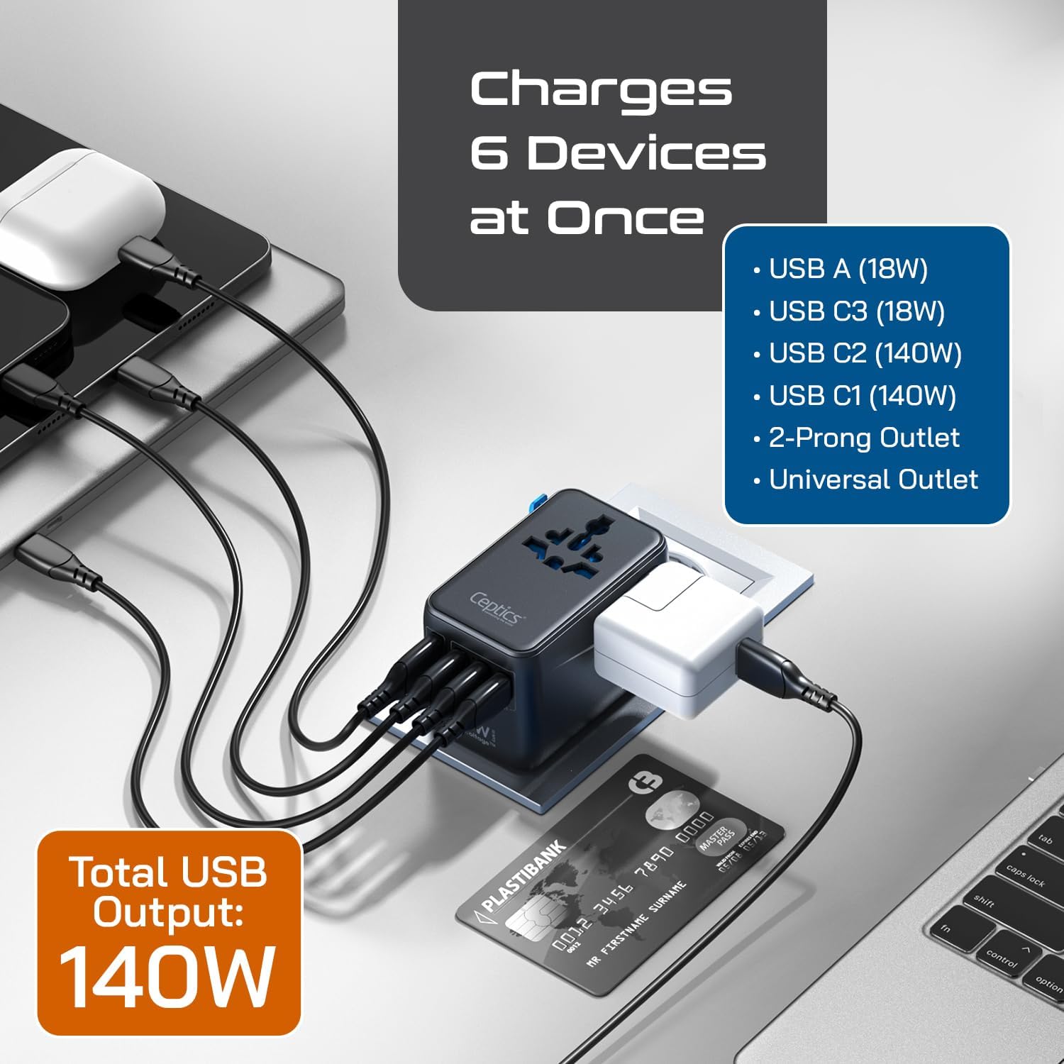 Ceptics 6 in 1 International Power Adapter with PD 140W USB-C, 1x USB-A, 3X Type C, Universal Input and 1x USA/JP Input with Type A, C, G, I Plug outlets for Global Travel – CE & RoHS Certified - Image 5