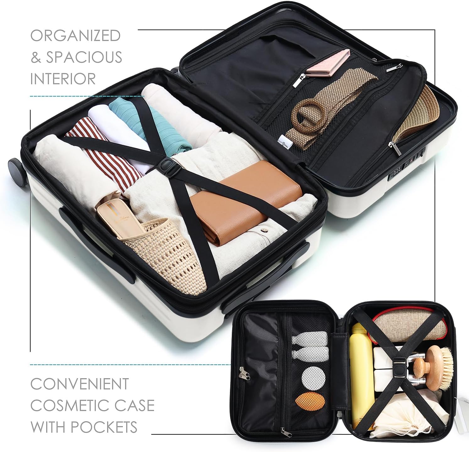 22 Inch Carry On Luggage 22x14x9 Airline Approved, Carry On Suitcase with Wheels, Hard-shell Carry-on Luggage, Durable Luggage Carry-On, White Small Suitcase with Cosmetic Case - Image 8