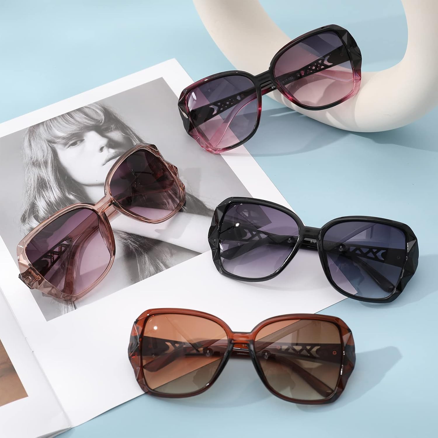 DragonflyDreams 4 Pcs Women Large Sunglasses, UV 400 Glasses Oversized Classic Trend Ladies Sunglasses Sparkling Large Frame - Image 7