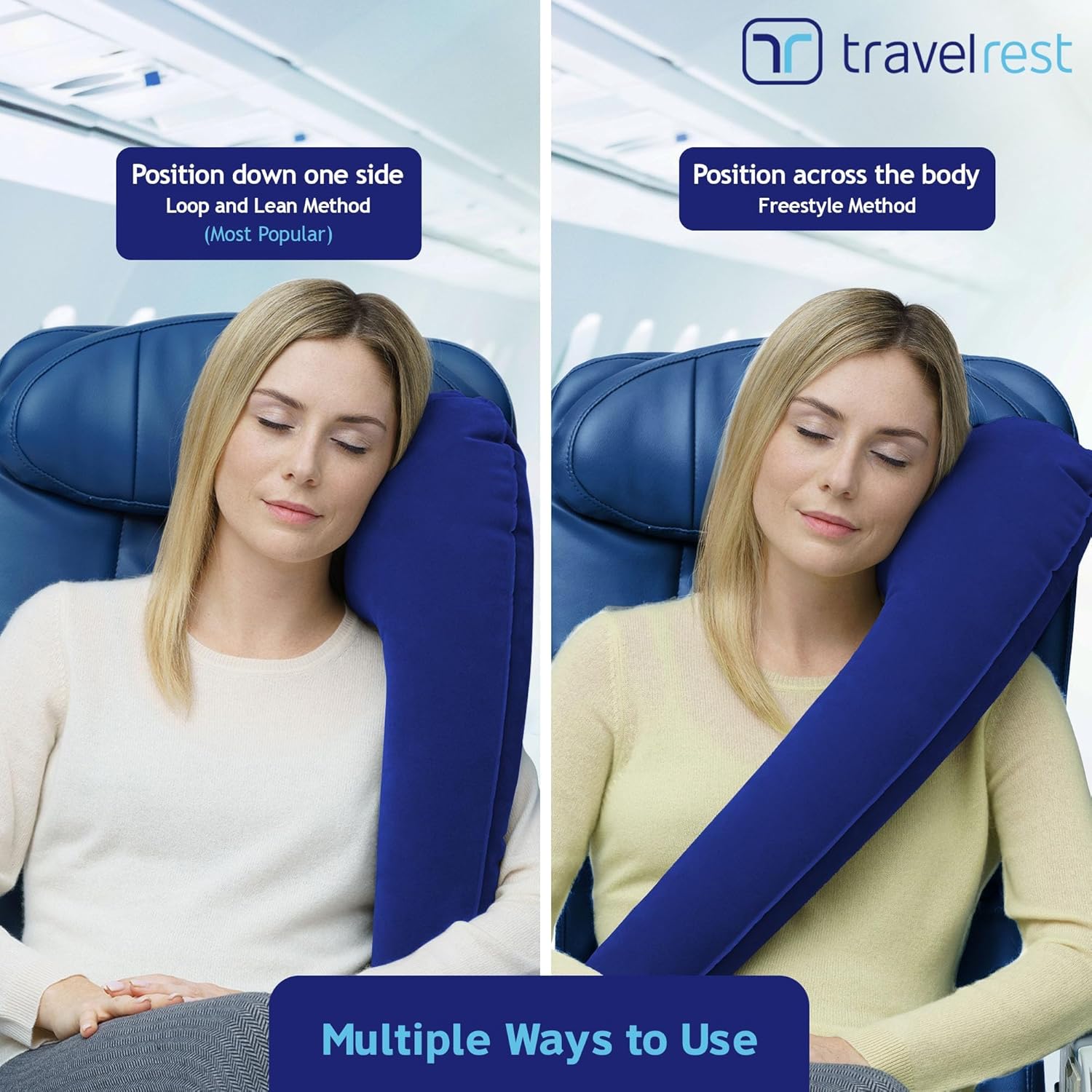 TRAVELREST Ultimate Inflatable Travel Neck & Body Pillow - Travel Essentials, Comfort and Upper Body Support, Airplane Neck Pillow for Long Flight, Straps to Airplane Seat & Car, for All Ages - Blue - Image 7