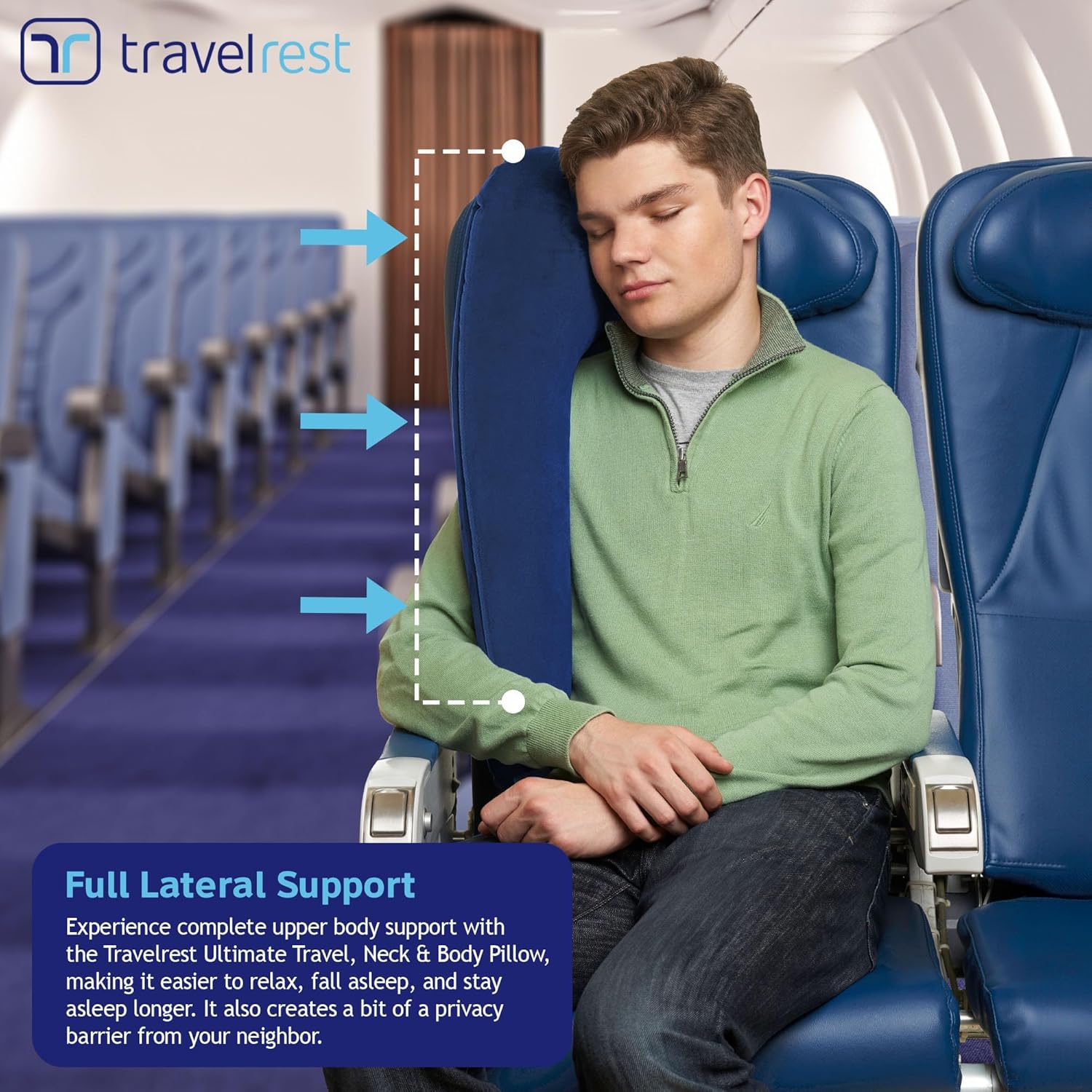 TRAVELREST Ultimate Inflatable Travel Neck & Body Pillow - Travel Essentials, Comfort and Upper Body Support, Airplane Neck Pillow for Long Flight, Straps to Airplane Seat & Car, for All Ages - Blue - Image 6