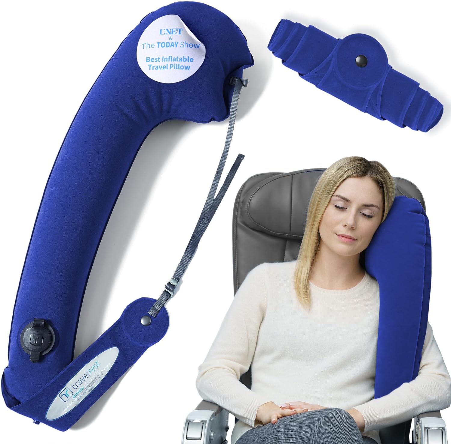 TRAVELREST Ultimate Inflatable Travel Neck & Body Pillow - Travel Essentials, Comfort and Upper Body Support, Airplane Neck Pillow for Long Flight, Straps to Airplane Seat & Car, for All Ages - Blue - Image 2