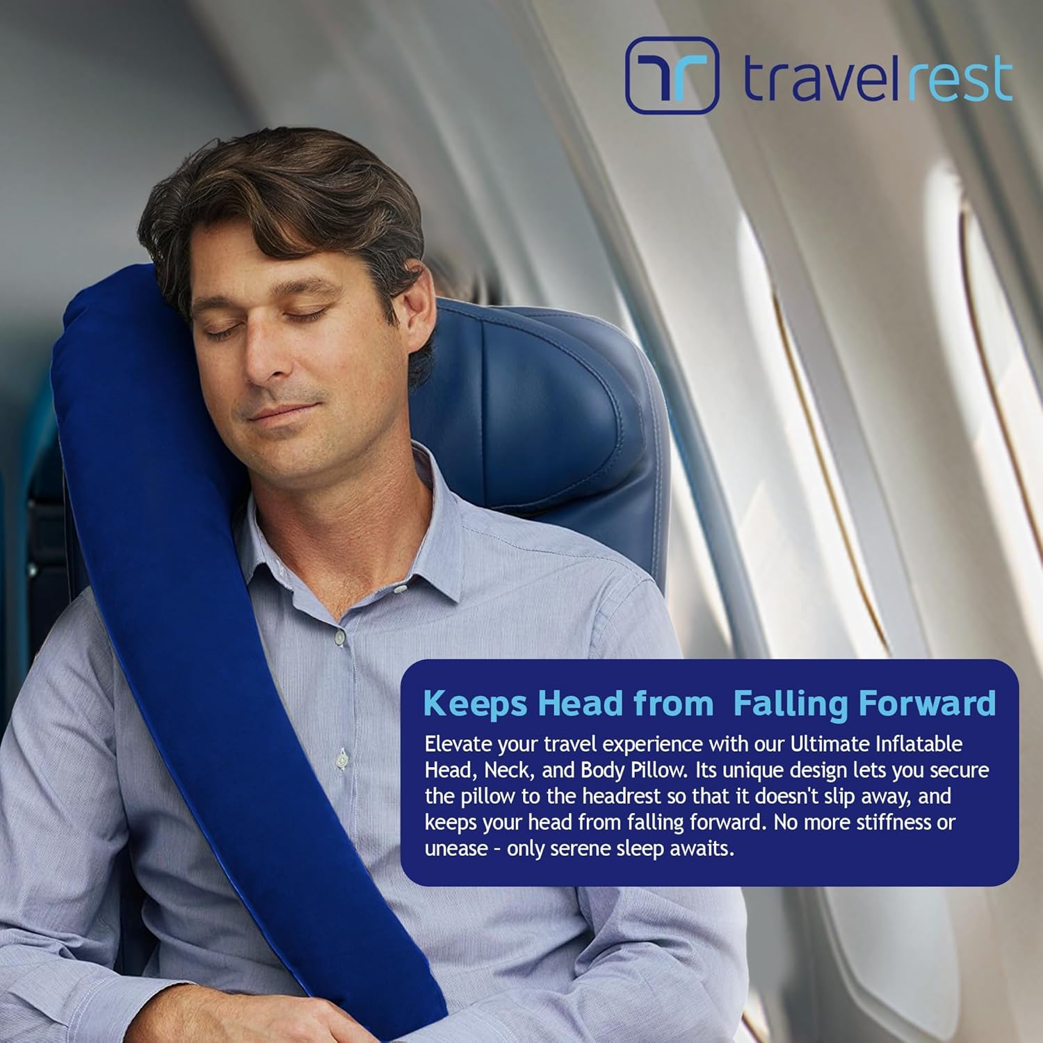 TRAVELREST Ultimate Inflatable Travel Neck & Body Pillow - Travel Essentials, Comfort and Upper Body Support, Airplane Neck Pillow for Long Flight, Straps to Airplane Seat & Car, for All Ages - Blue - Image 3
