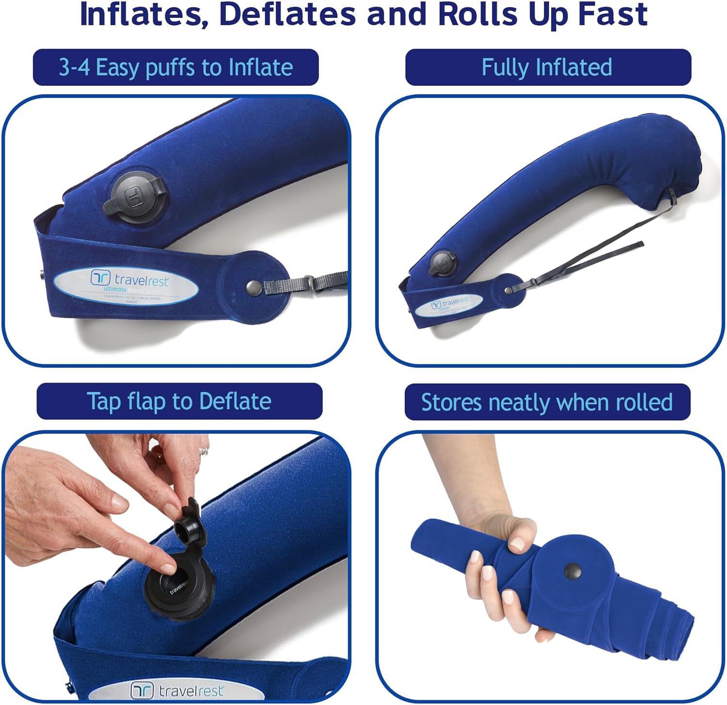 TRAVELREST Ultimate Inflatable Travel Neck & Body Pillow - Travel Essentials, Comfort and Upper Body Support, Airplane Neck Pillow for Long Flight, Straps to Airplane Seat & Car, for All Ages - Blue - Image 8