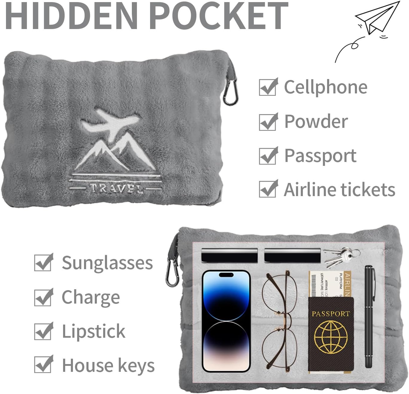 Travel Blanket and Pillow-2-in-1, Ultra-Soft&Compact,Airplane Blanket with Hand Luggage Belt and Backpack Clip,Travelers Accessories Gifts, 61x43 Inches(Gray) - Image 8