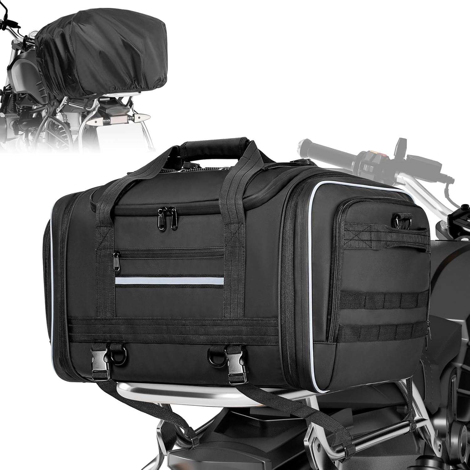Marscamd Waterproof Motorcycle Tail Luggage Bag, 48L-64L Expandable, a Rain Cover Included, Bag with 4 Rack Mount Straps and Multiple Pockets - Black - Image 2