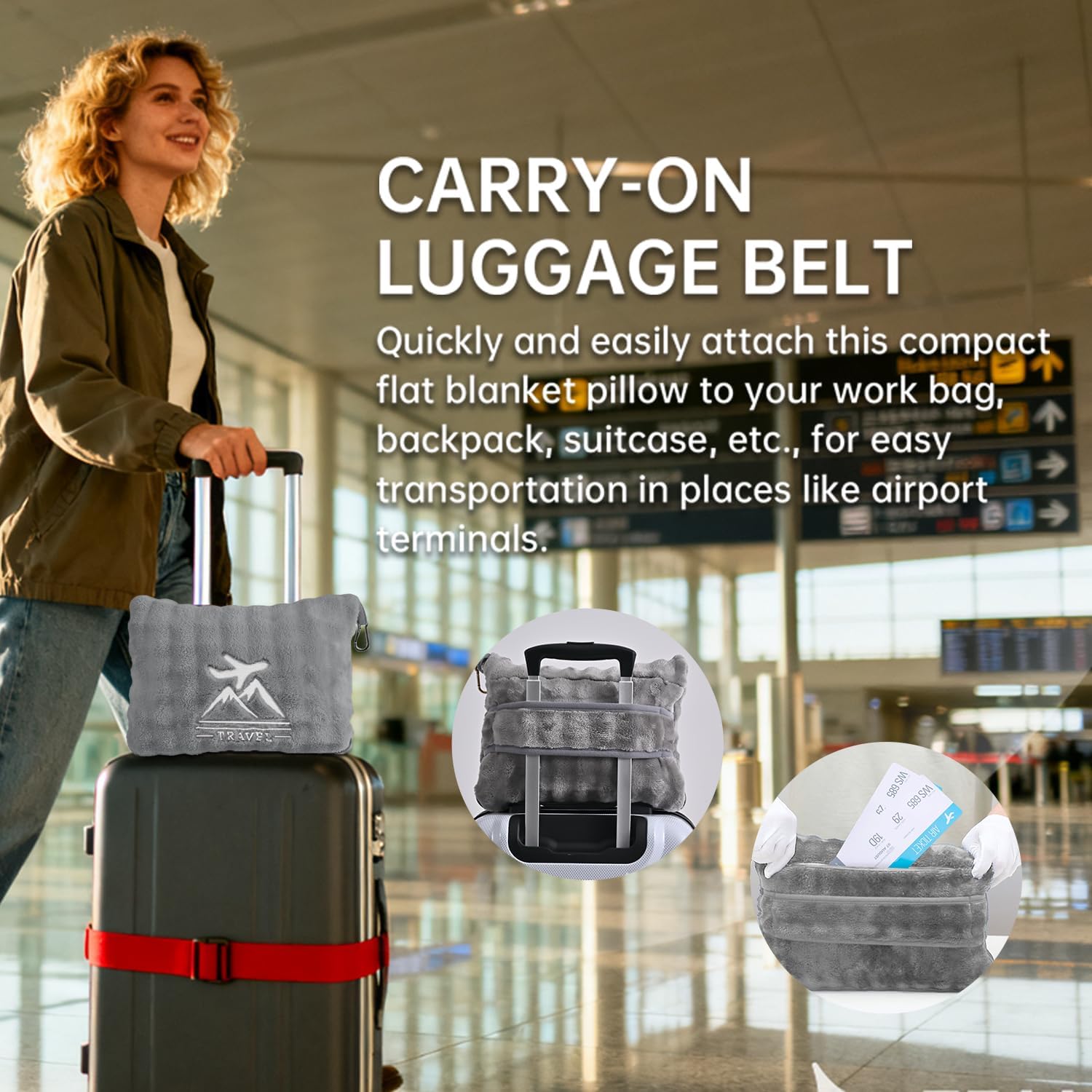 Travel Blanket and Pillow-2-in-1, Ultra-Soft&Compact,Airplane Blanket with Hand Luggage Belt and Backpack Clip,Travelers Accessories Gifts, 61x43 Inches(Gray) - Image 4