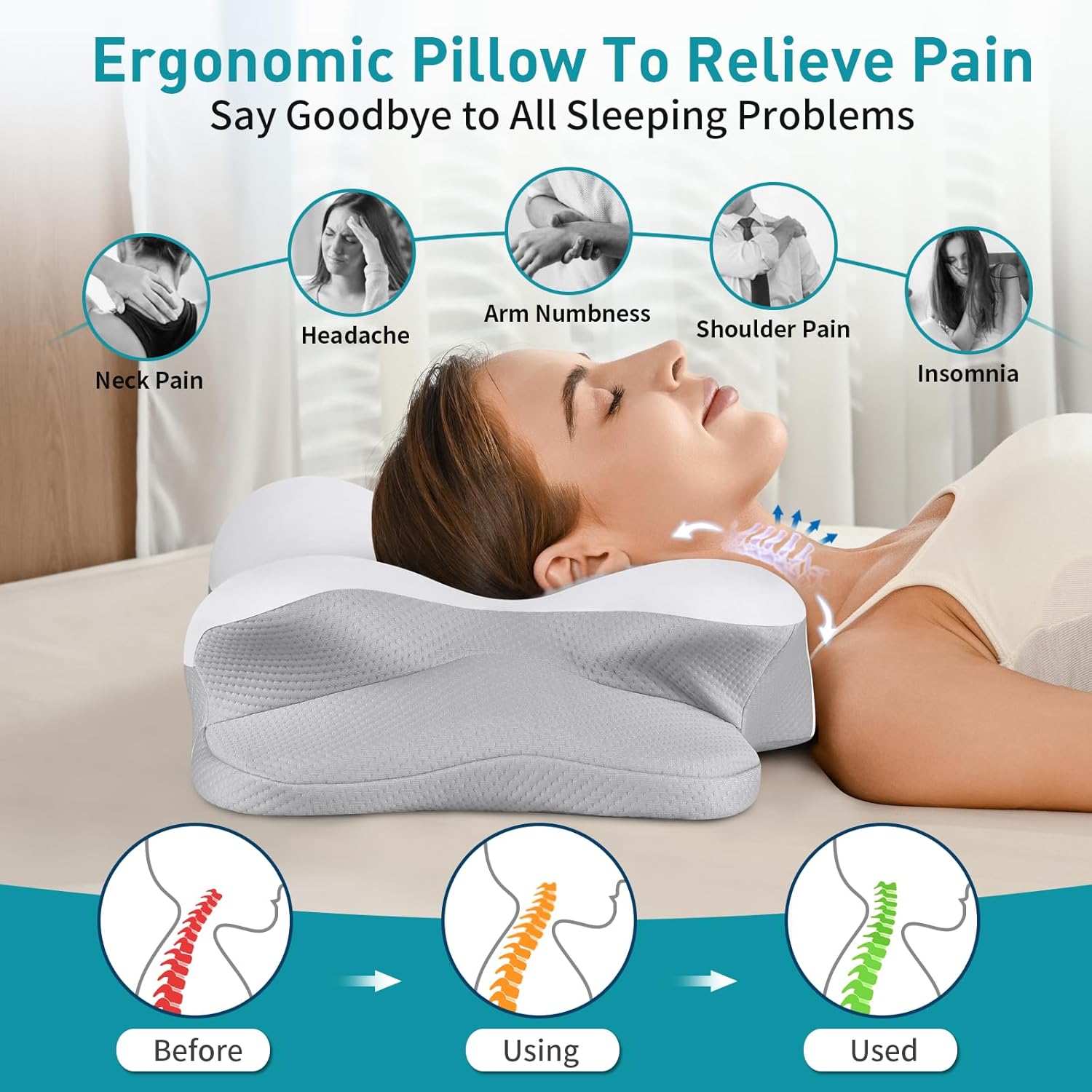Cervical Neck Pillow for Pain Relief - Ergonomic Side Sleeper Pillow for Neck Support, Contour Pillow for Bed Sleeping, Cooling Memory Foam Pillows Orthopedic Pillow for Back Stomach Sleepers - Image 4