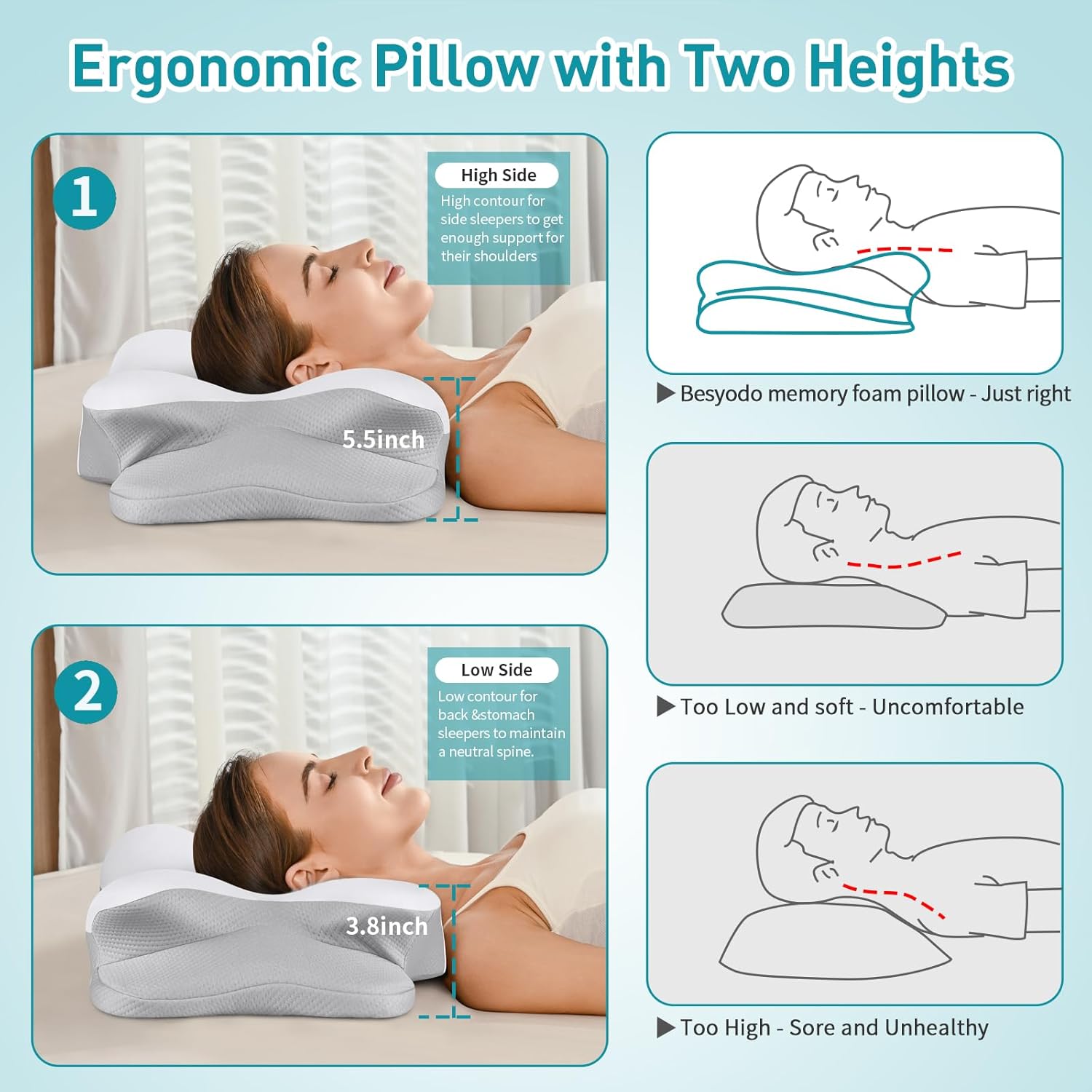 Cervical Neck Pillow for Pain Relief - Ergonomic Side Sleeper Pillow for Neck Support, Contour Pillow for Bed Sleeping, Cooling Memory Foam Pillows Orthopedic Pillow for Back Stomach Sleepers - Image 7