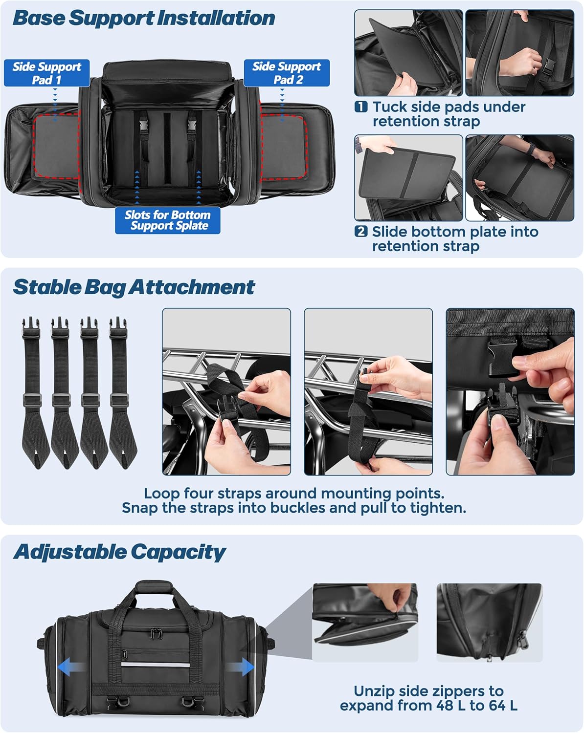 Marscamd Waterproof Motorcycle Tail Luggage Bag, 48L-64L Expandable, a Rain Cover Included, Bag with 4 Rack Mount Straps and Multiple Pockets - Black - Image 6