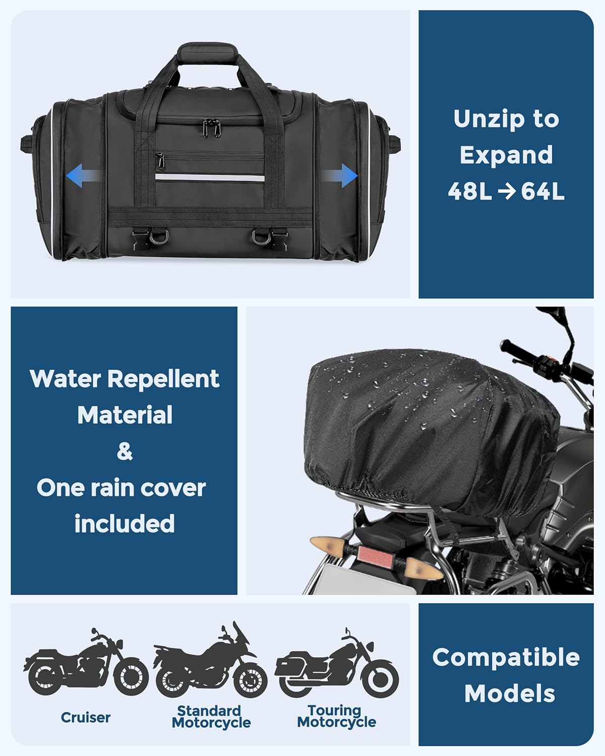 Marscamd Waterproof Motorcycle Tail Luggage Bag, 48L-64L Expandable, a Rain Cover Included, Bag with 4 Rack Mount Straps and Multiple Pockets - Black - Image 3