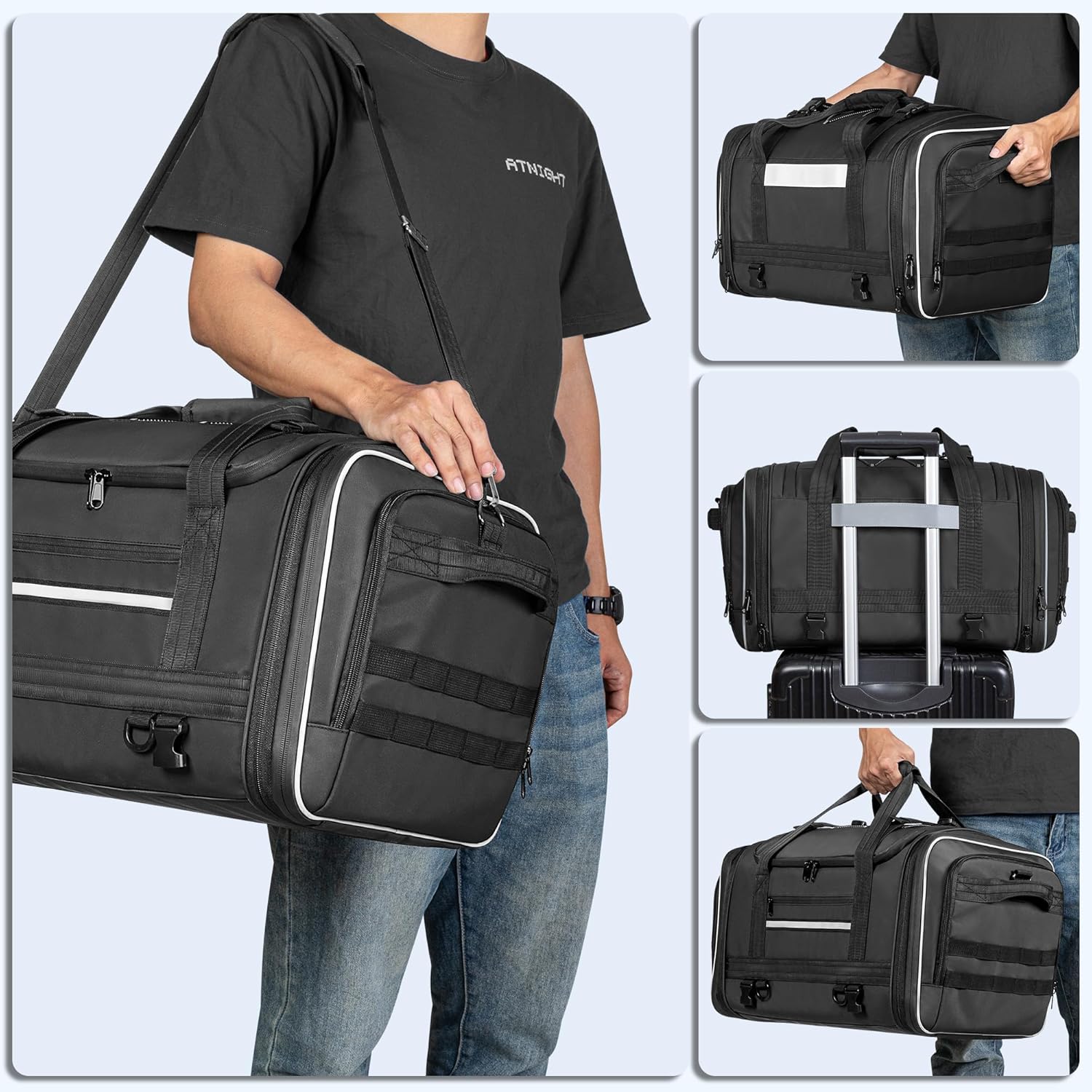 Marscamd Waterproof Motorcycle Tail Luggage Bag, 48L-64L Expandable, a Rain Cover Included, Bag with 4 Rack Mount Straps and Multiple Pockets - Black - Image 7