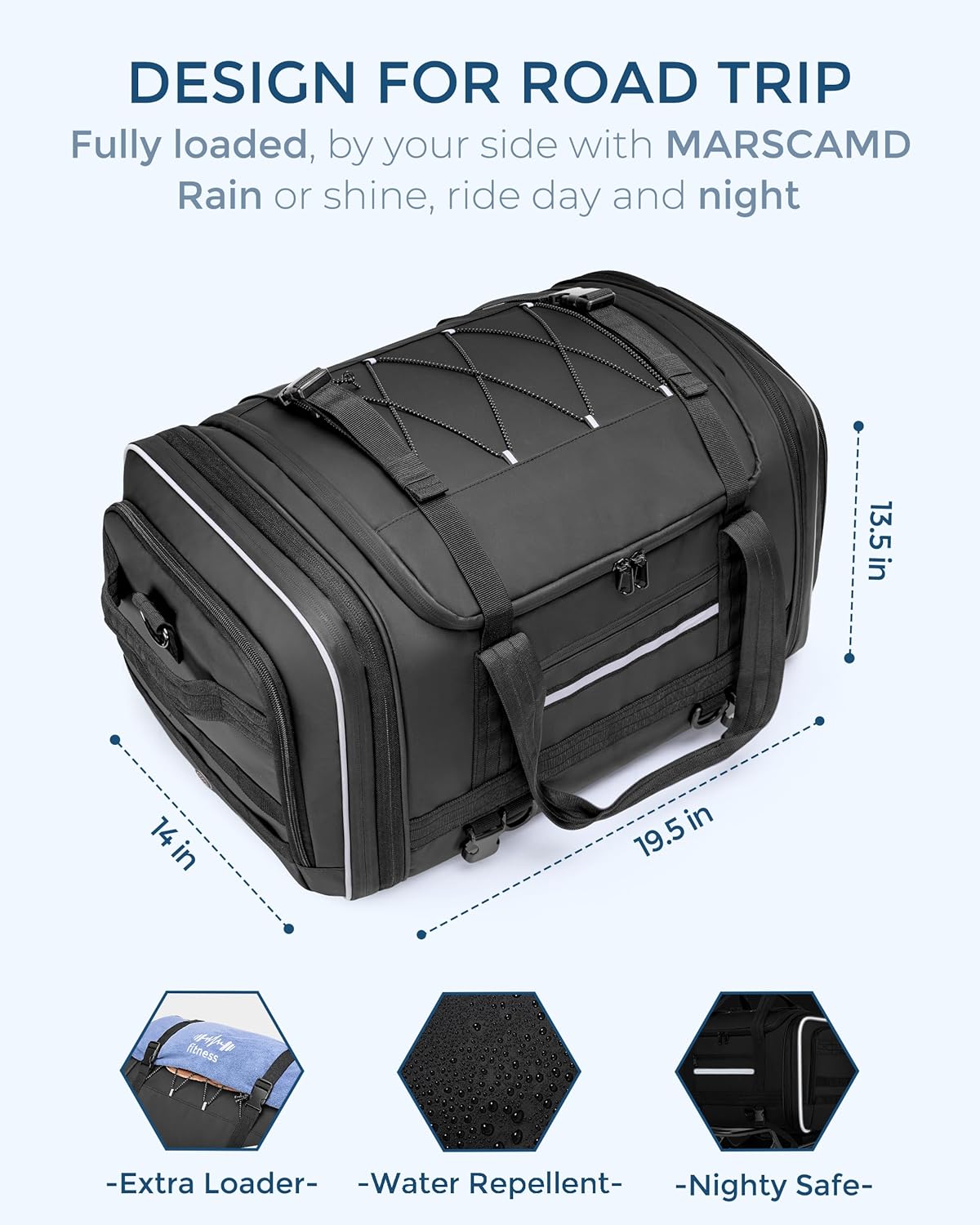 Marscamd Waterproof Motorcycle Tail Luggage Bag, 48L-64L Expandable, a Rain Cover Included, Bag with 4 Rack Mount Straps and Multiple Pockets - Black - Image 4