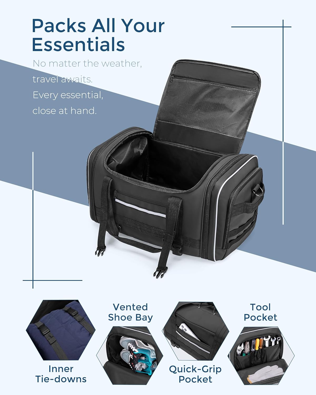 Marscamd Waterproof Motorcycle Tail Luggage Bag, 48L-64L Expandable, a Rain Cover Included, Bag with 4 Rack Mount Straps and Multiple Pockets - Black - Image 5