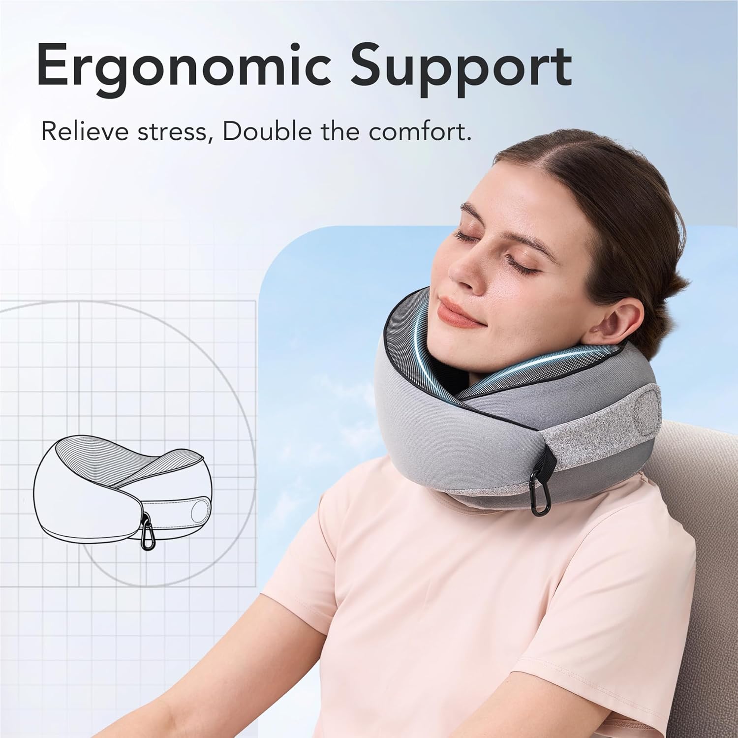 KPNEOL Travel Pillow, 100% Pure Memory Foam Travel Neck Pillow Airplane Neck Support Ergonomic Design for Traveling Suitable for Airplanes,Offices and Cars-Gray - Image 4