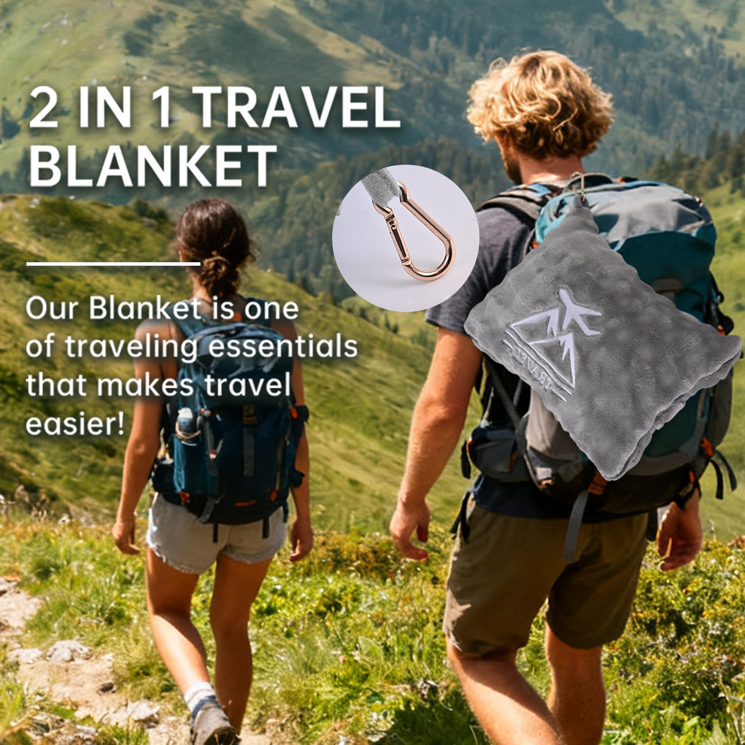 Travel Blanket and Pillow-2-in-1, Ultra-Soft&Compact,Airplane Blanket with Hand Luggage Belt and Backpack Clip,Travelers Accessories Gifts, 61x43 Inches(Gray) - Image 3