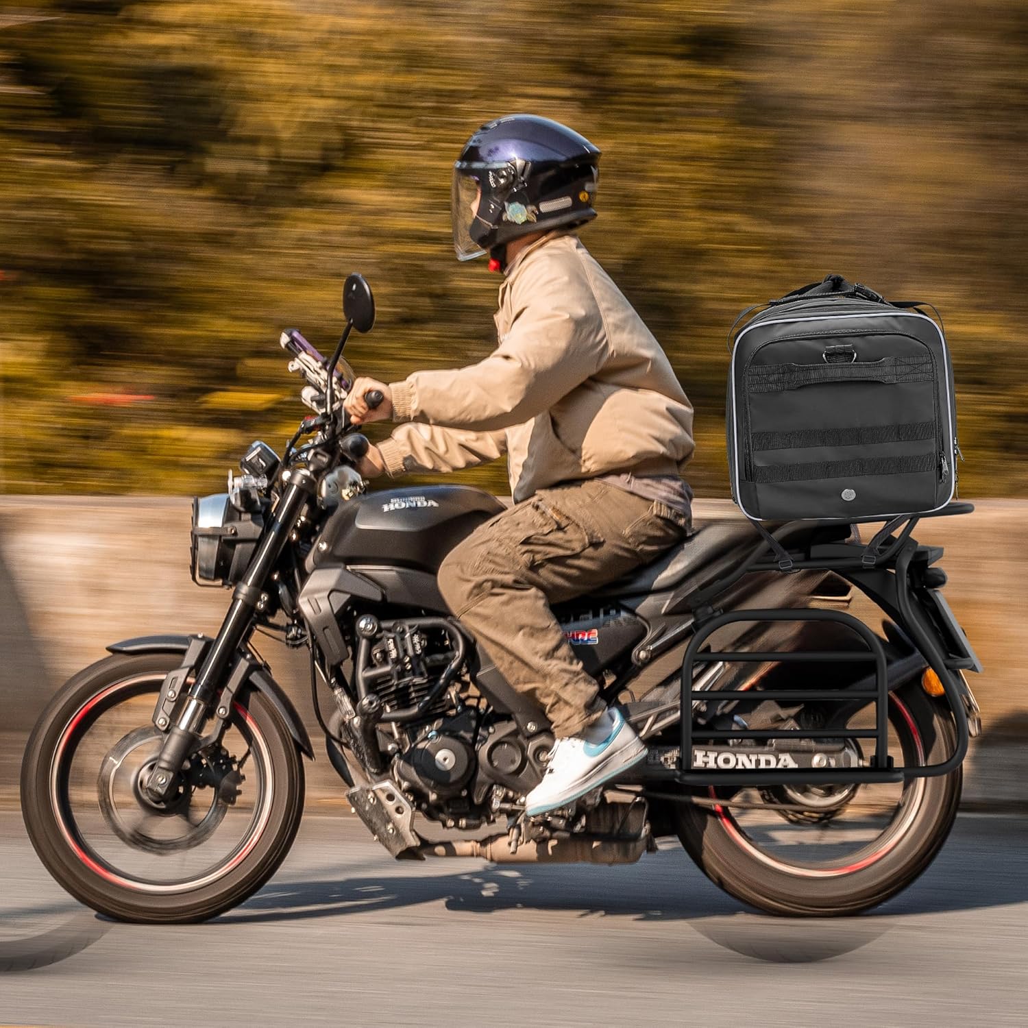 Marscamd Waterproof Motorcycle Tail Luggage Bag, 48L-64L Expandable, a Rain Cover Included, Bag with 4 Rack Mount Straps and Multiple Pockets - Black - Image 8