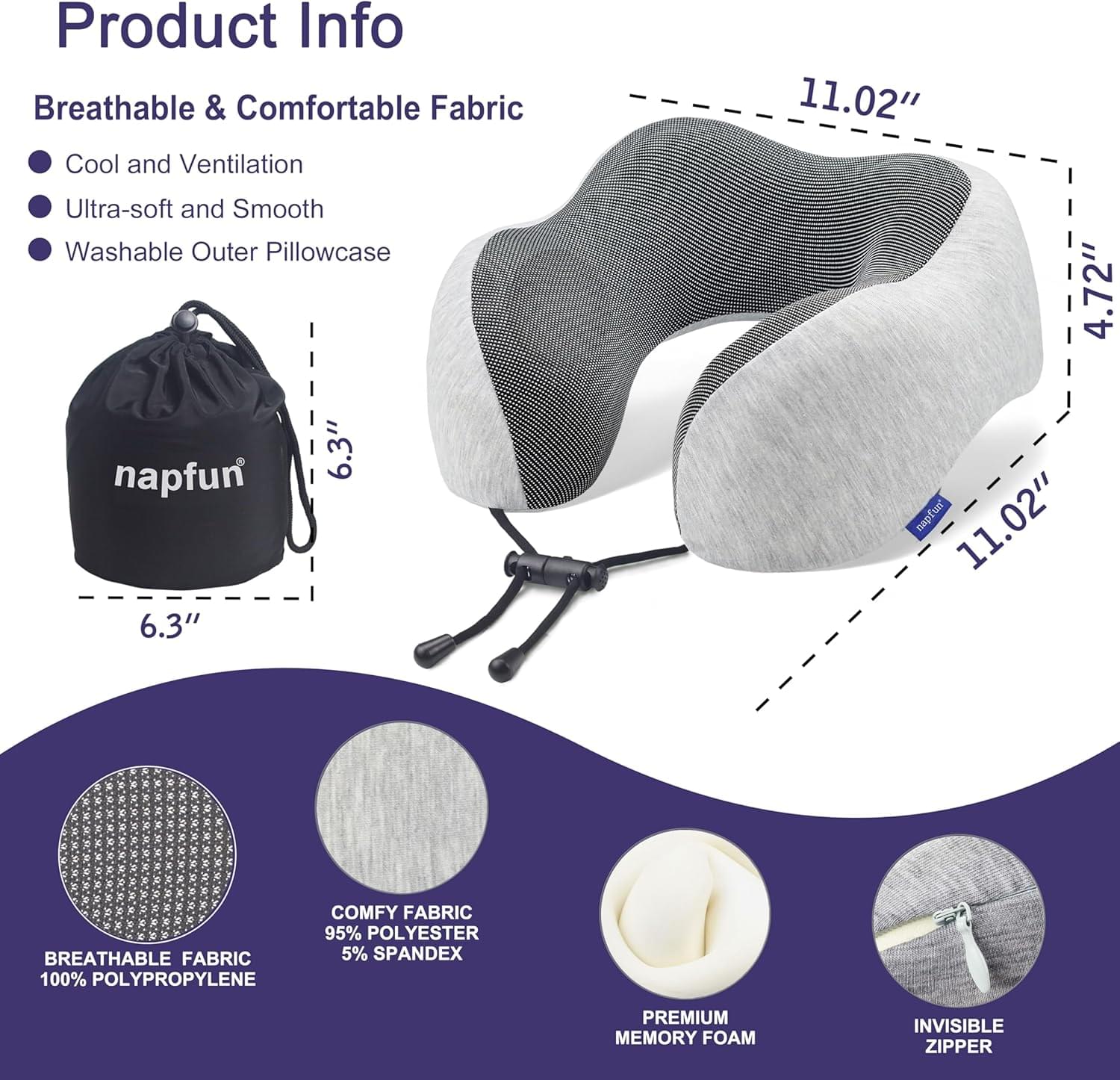 napfun Neck Pillow for Traveling, Upgraded Travel Neck Pillow for Airplane 100% Pure Memory Foam Travel Pillow for Flight Headrest Sleep, Portable Plane Accessories, Light Grey - Image 3
