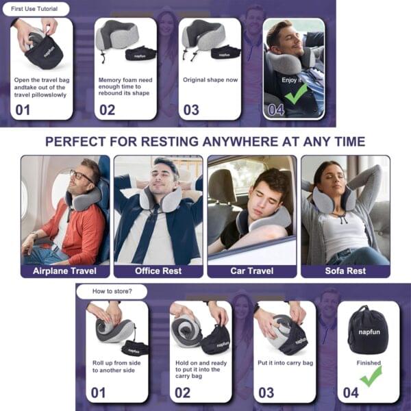 napfun Neck Pillow for Traveling, Upgraded Travel Neck Pillow for Airplane 100% Pure Memory Foam Travel Pillow for Flight Headrest Sleep, Portable Plane Accessories, Light Grey - Image 6