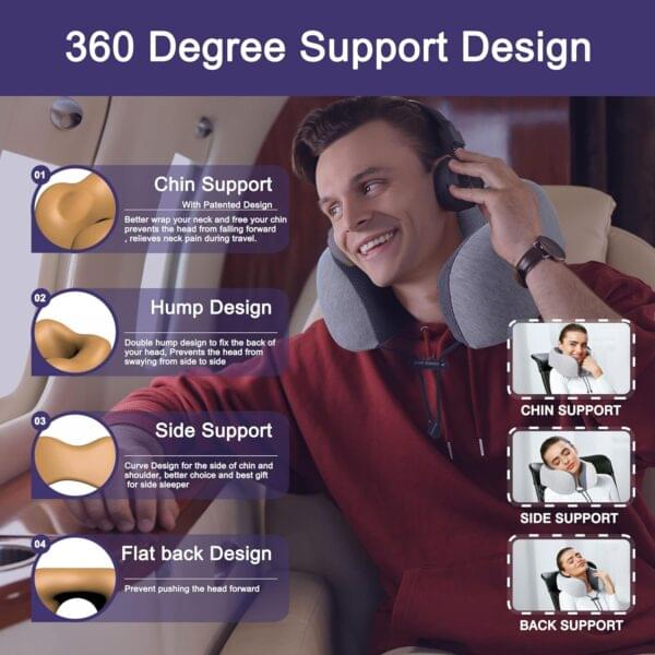 napfun Neck Pillow for Traveling, Upgraded Travel Neck Pillow for Airplane 100% Pure Memory Foam Travel Pillow for Flight Headrest Sleep, Portable Plane Accessories, Light Grey - Image 4